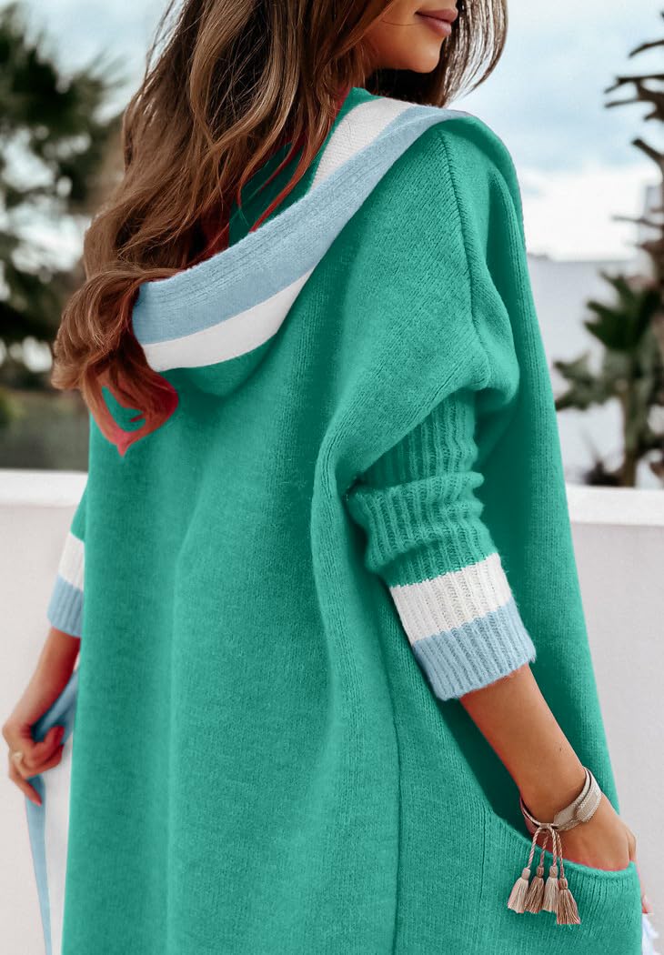 chouyatou Women's Color Block Vertical Striped Open Front Oversized Hooded Long Cardigan Sweaters with Pockets: Medium Mint Green