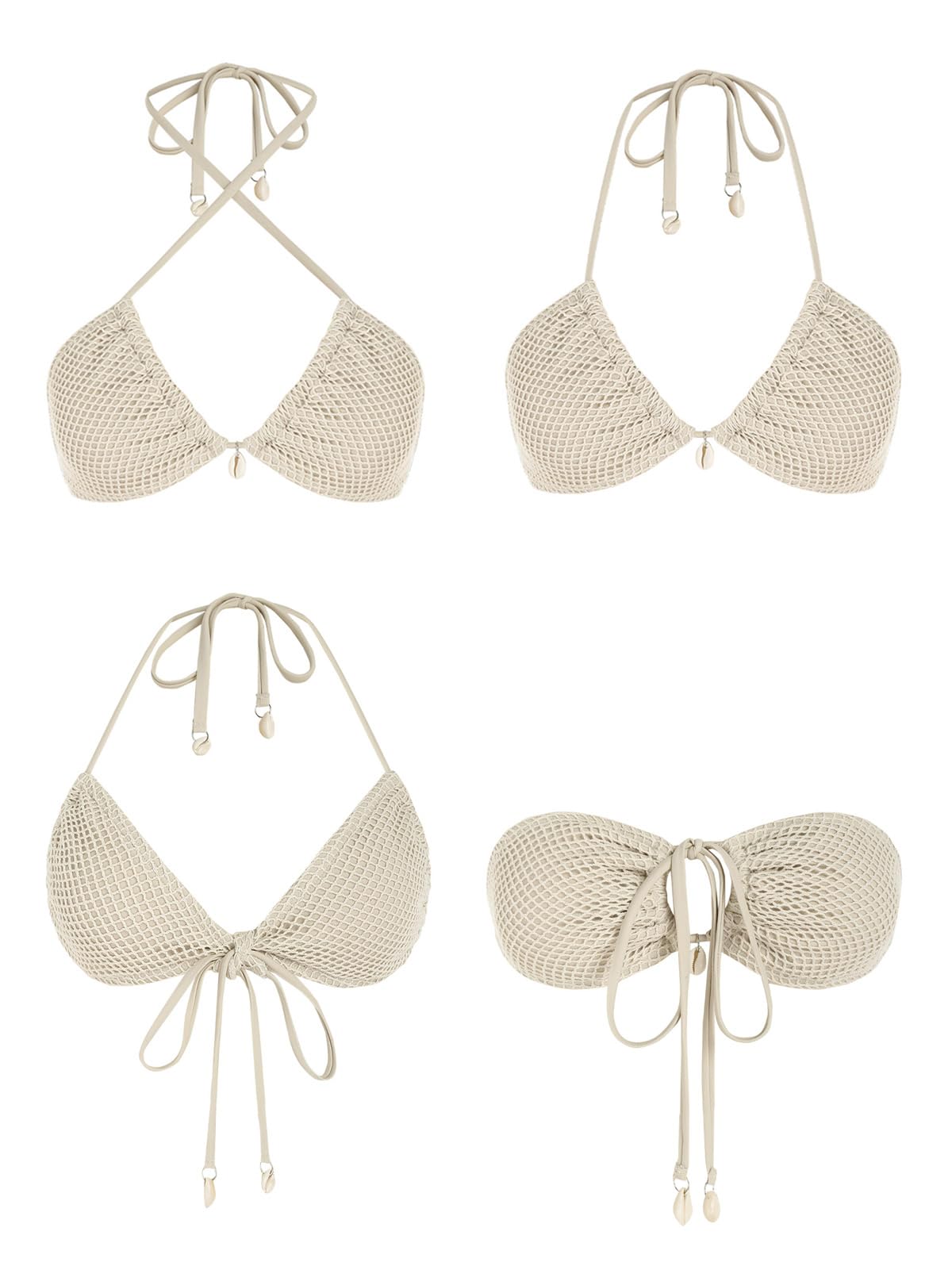 ZAFUL Women's Triangle Bikini Multiway Fishnet Tie Side Bandeau Halter String Bikini Set Two Piece Swimsuit Bathing Suits: 1-light Coffee Small