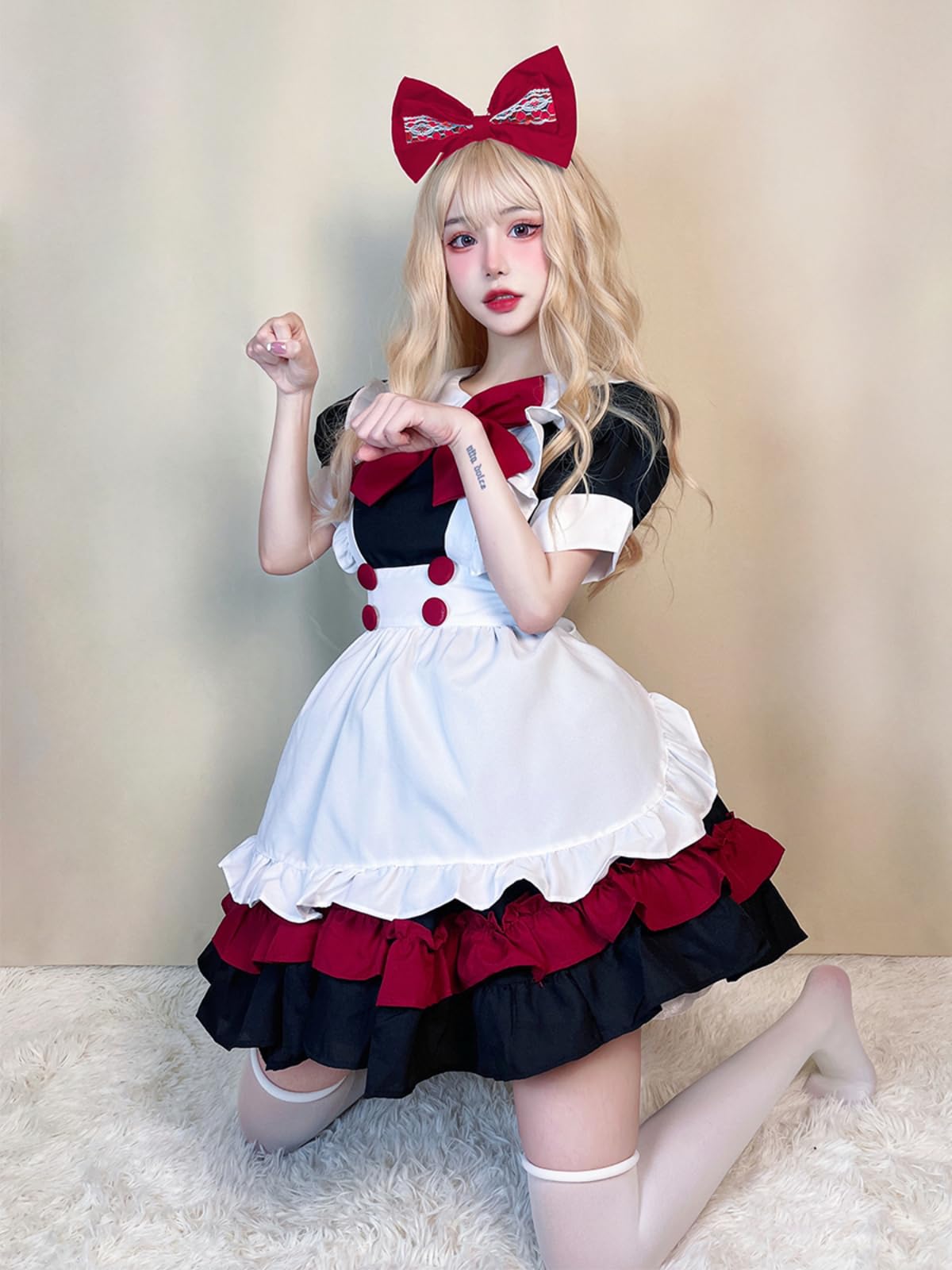 GRAJTCIN Womens Anime French Maid Outfit Lolita Cosplay Dress Halloween Costume with Socks: Large