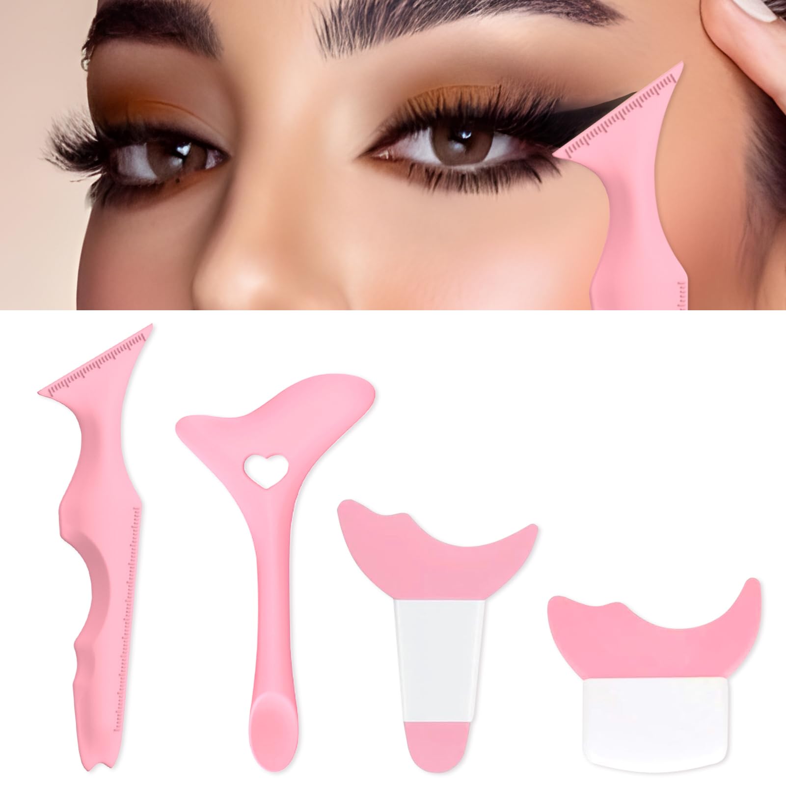 IDDFEVE 4Pcs Eyeliner Stencils, Silicone Winged Tip, Multifunctional Mascara Shield for Eyeshadow and Eyelashes, Professional &Quick Cat Eye Makeup Tool for Beginners (Pink)