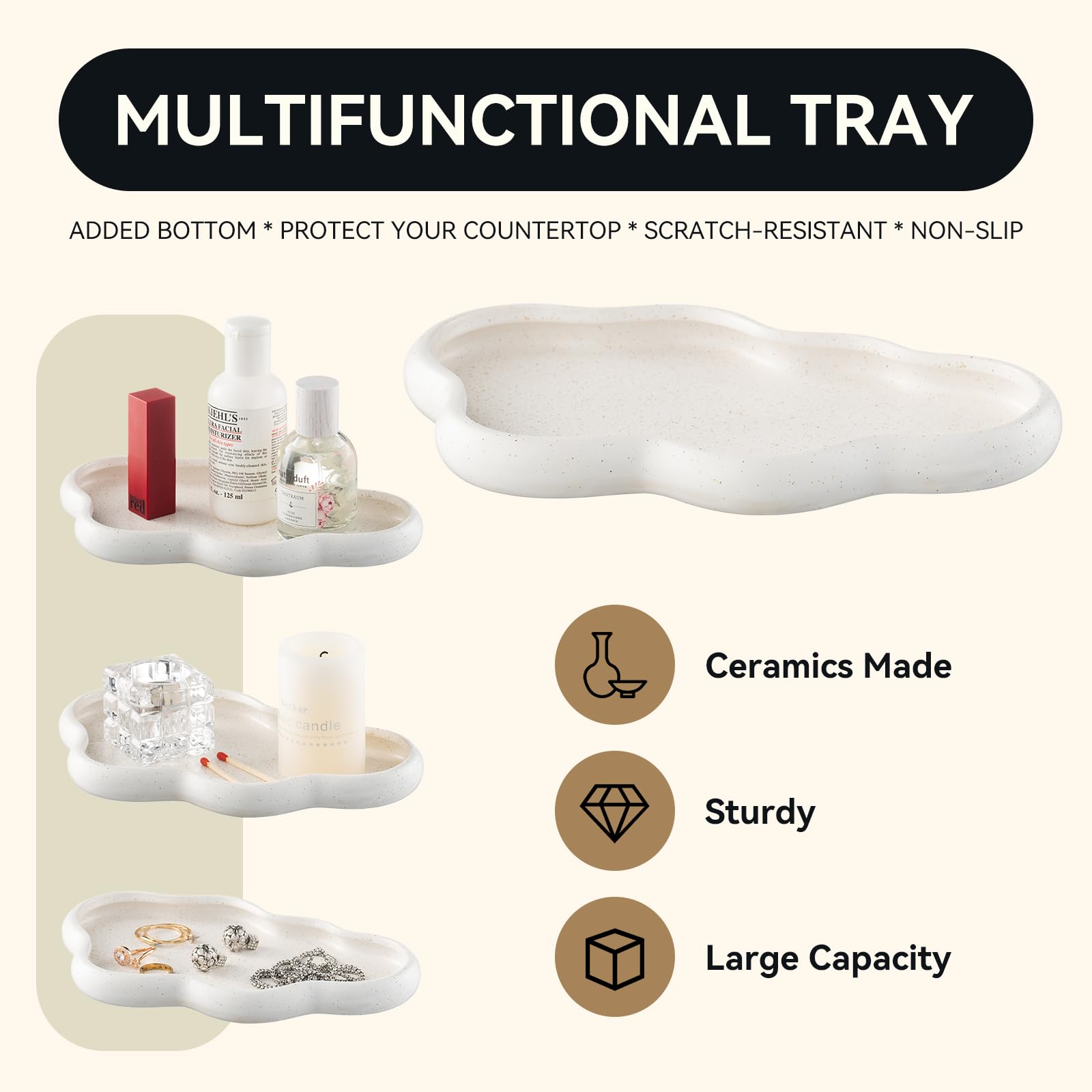 Silver Bathroom Accessory Set, 3-Piece Ceramic Bath Accessories Set with Tray, Lotion Dispenser, and Tumbler: Beige