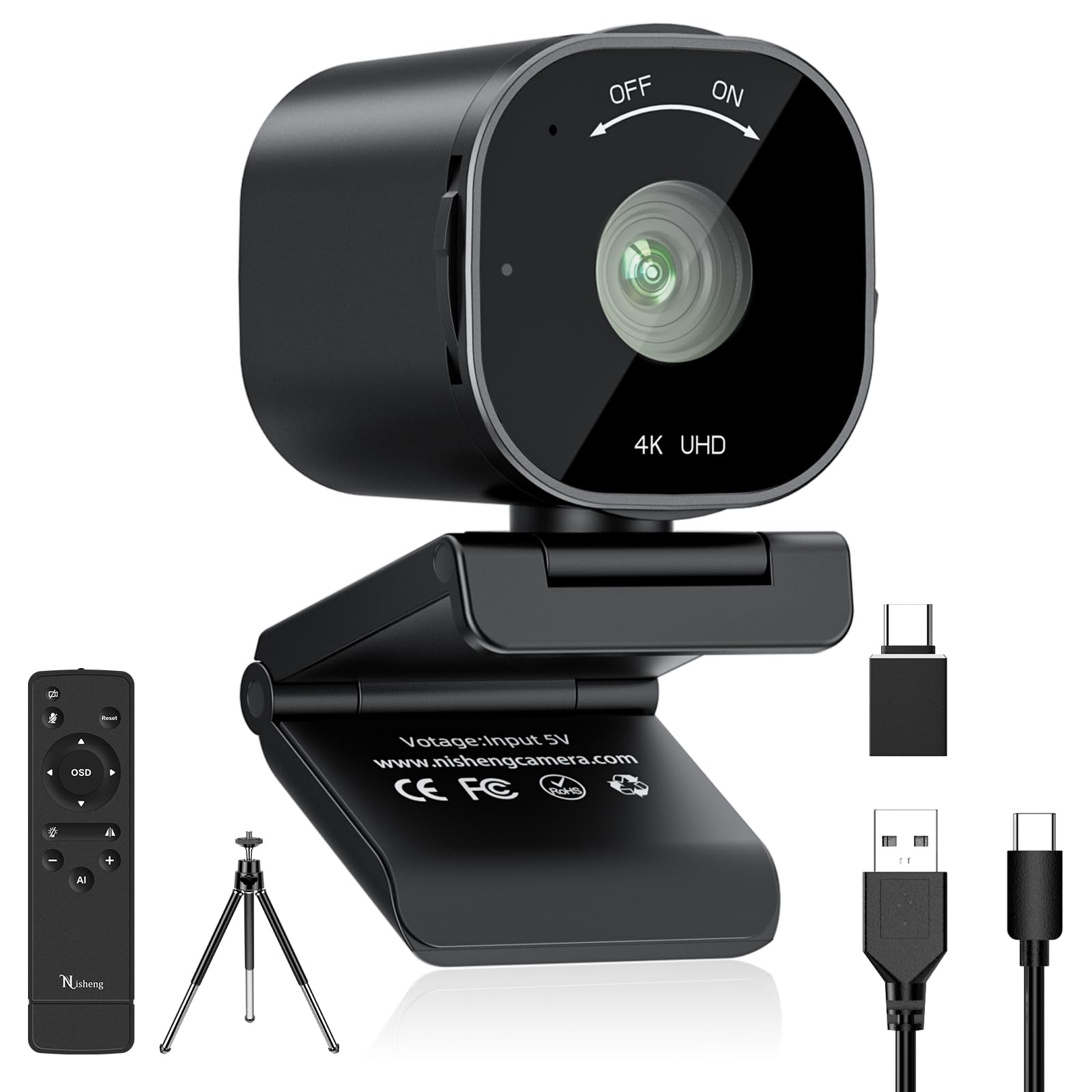 Nisheng 4K Webcam, Streaming Camera for PC with 2 Noise-Canceling Microphones, USB Webcam for Laptop, Built-in Privacy Cover, Plug & Play Camera for Zoom, Teams, Streaming, and Gaming Recording