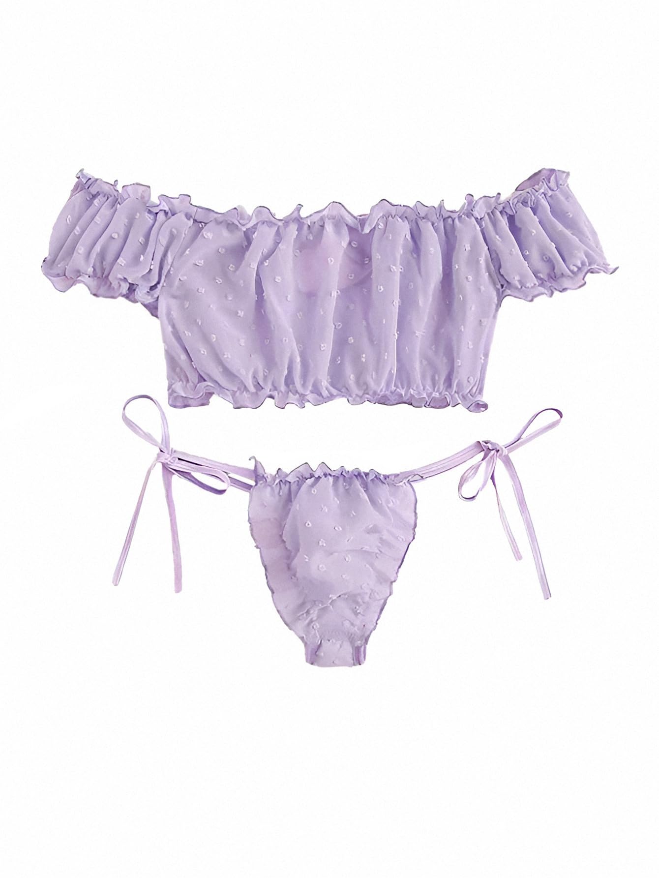 Lilosy Sexy Stretch Ruffle Tie Sheer Mesh Lingerie Set Outfits: Chiffon Medium Chiffon Lavender Purple