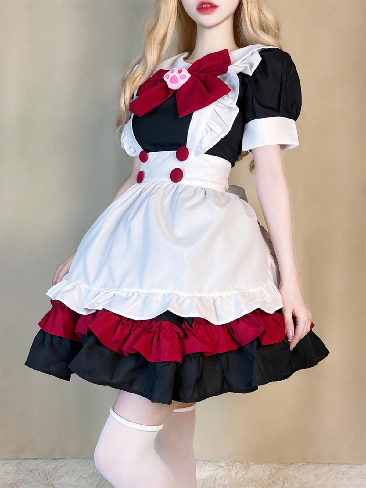 GRAJTCIN Womens Anime French Maid Outfit Lolita Cosplay Dress Halloween Costume with Socks: Large