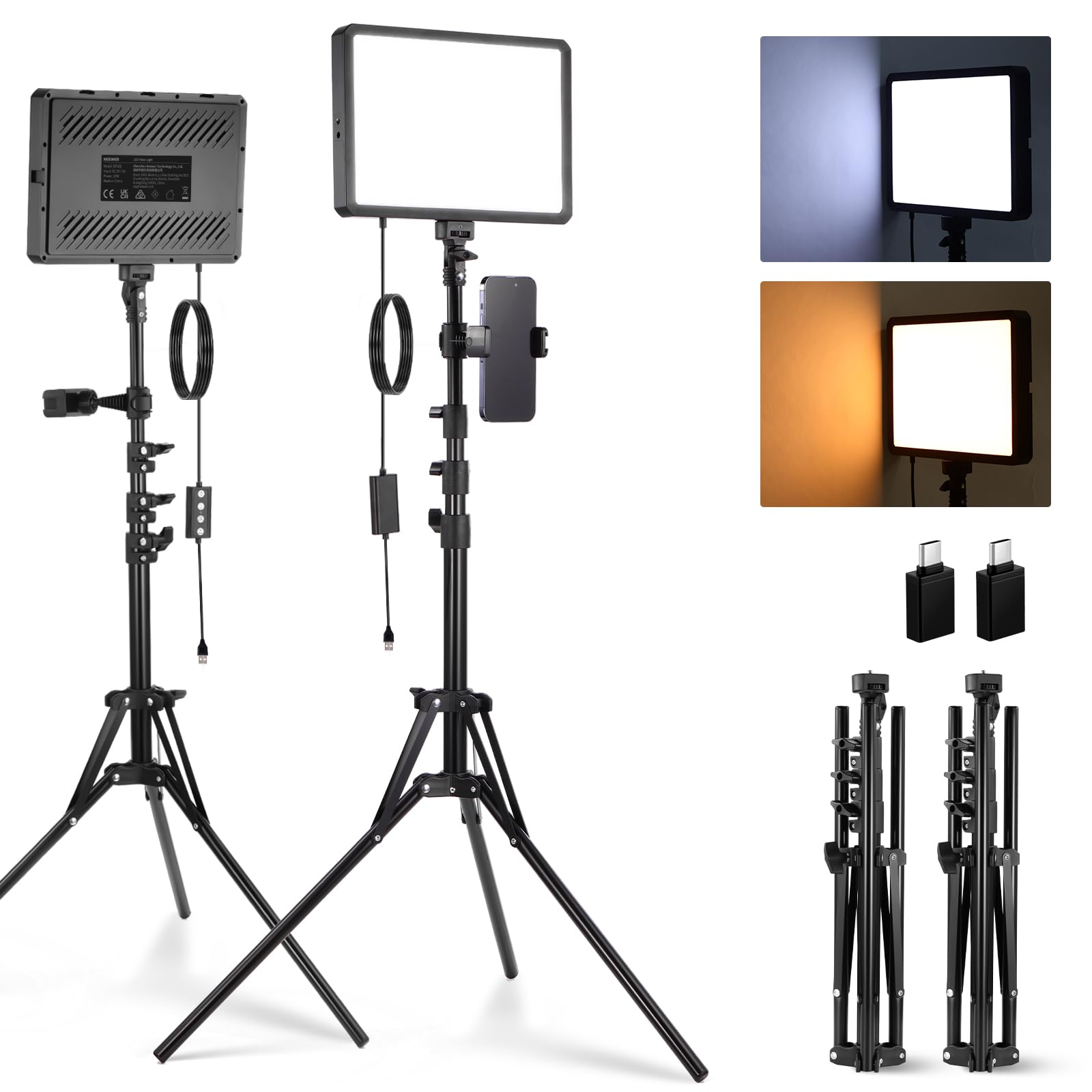 Neewer 13" Led Video Light Panel Kit, 2 Pack Dimmable Bi Color Soft Key Lighting with Tripod Stand, 8000mAh Battery, 3200~5600K CRI97+ 2400Lux for Game/Streaming/YouTube Recording/Studio Photography: BP300(2-Pack)
