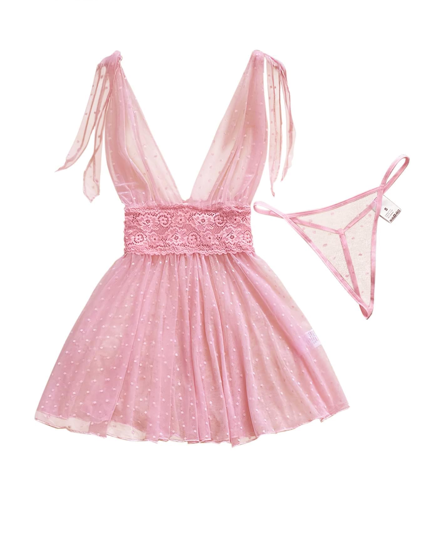 Lilosy Sexy Polka Dots Mesh Sheer Lace Babydoll Chemise Lingerie Set Floral Lace Sleep Wear: 3X-Large Pink