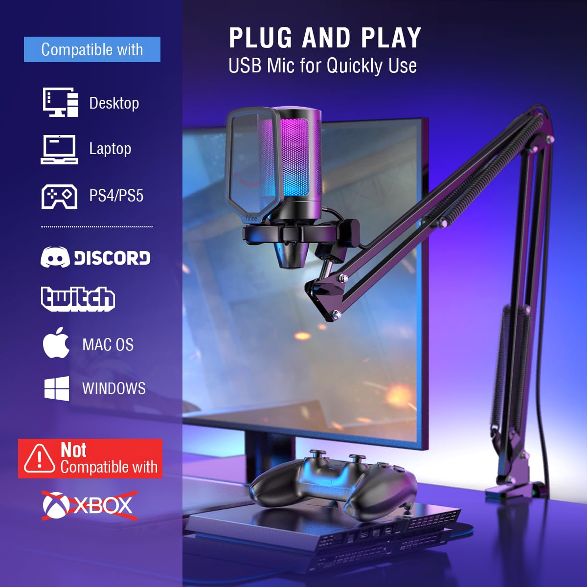 FIFINE Gaming PC USB Microphone, Podcast Condenser Mic with Boom Arm, Pop Filter, Mute Button for Streaming, Twitch, Online Chat, RGB Computer Mic for PC Gamer Youtuber-AmpliGame A6T thumbnail 6