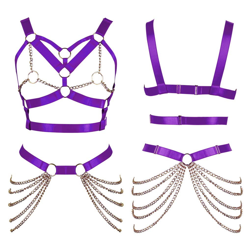 Women's Body Harness Bra Punk Garter Belt Elastic Adjustable Metal Chain Bra Dance Carnival Gothic Costume Accessories: Purple