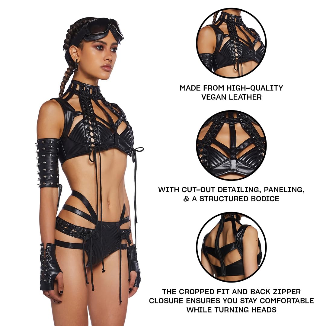 Dolls Kill Rude Awakening Harness Bra Top by Club Exx - Vegan Leather, Lace-Up, Cropped Fit for Festivals and Raves: Small Black