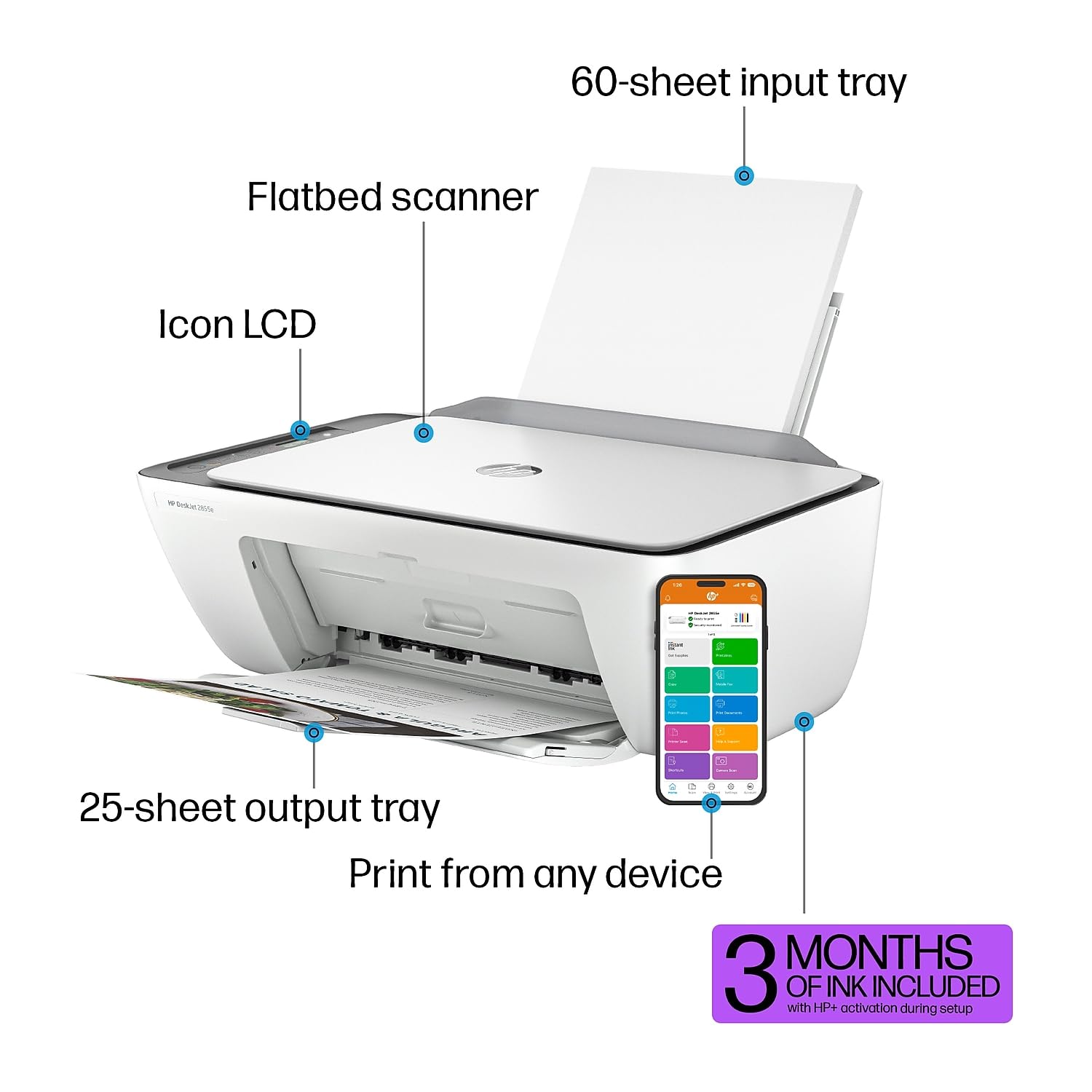HP DeskJet 2855e Wireless All-in-One Color Inkjet Printer, Scanner, Copier, Best for home, 3 months of Instant Ink included, Single-band Wi-Fi connectivity (588S5A)