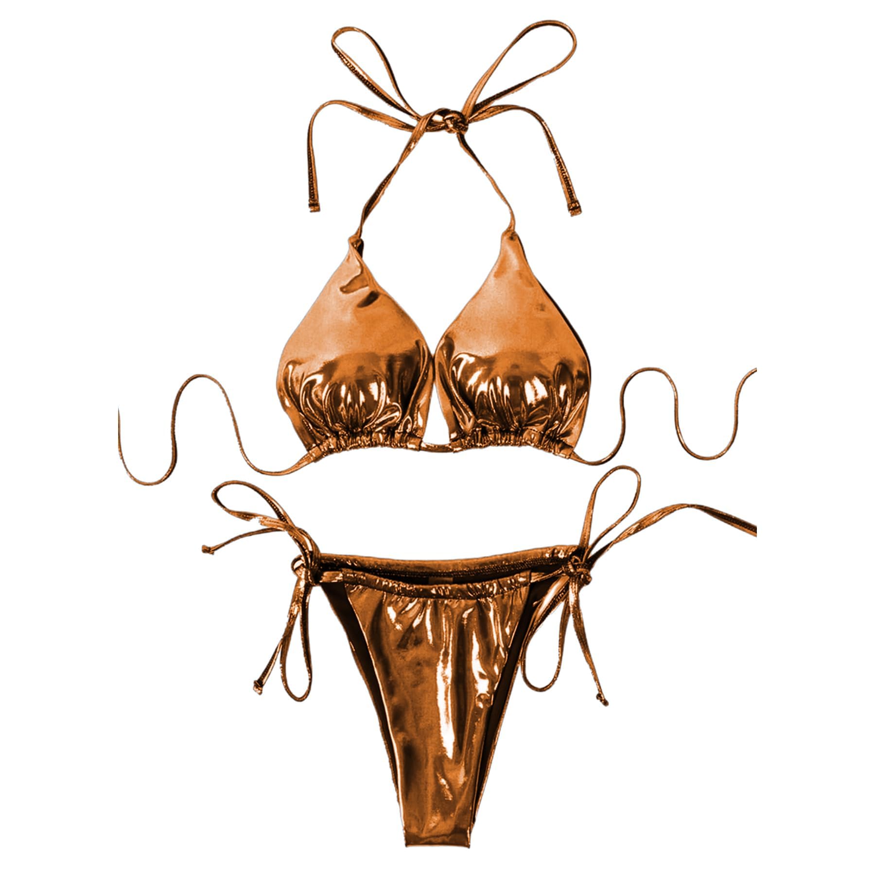 ZGMYC Women's 3 Piece Shiny Metallic Swimsuit Sexy Triangle Bikini Tie Side Thong Festival Outfit with Drawstring Mini Skirt: Small Orange