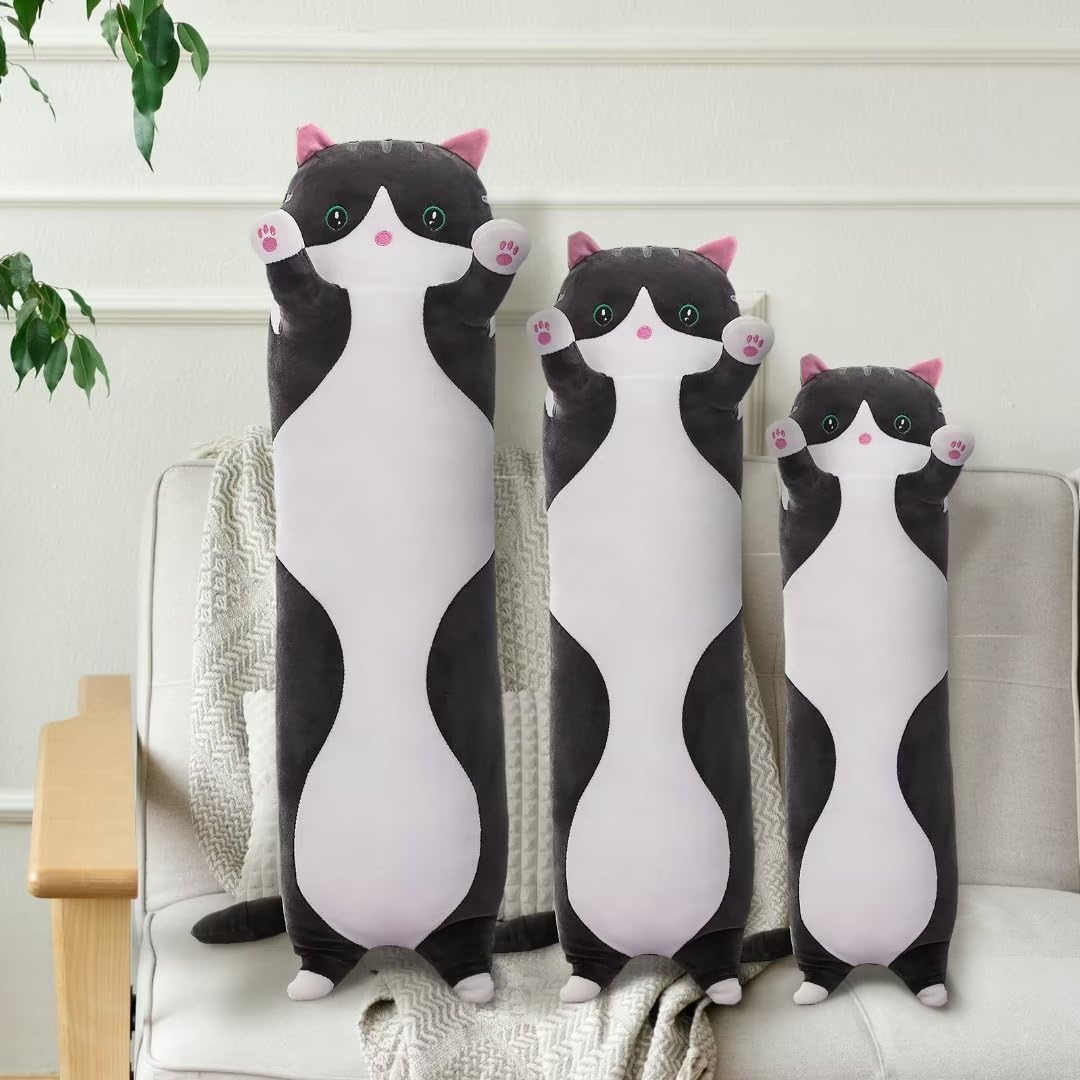 SHINUOER Long Cat Plush Pillow Cat Body Pillow,Black Cat Stuffed Animal Soft Plushies Kawaii Stuffed Kitten Plush Toy for Kids Girlfriend(Black, 35.4Inch)