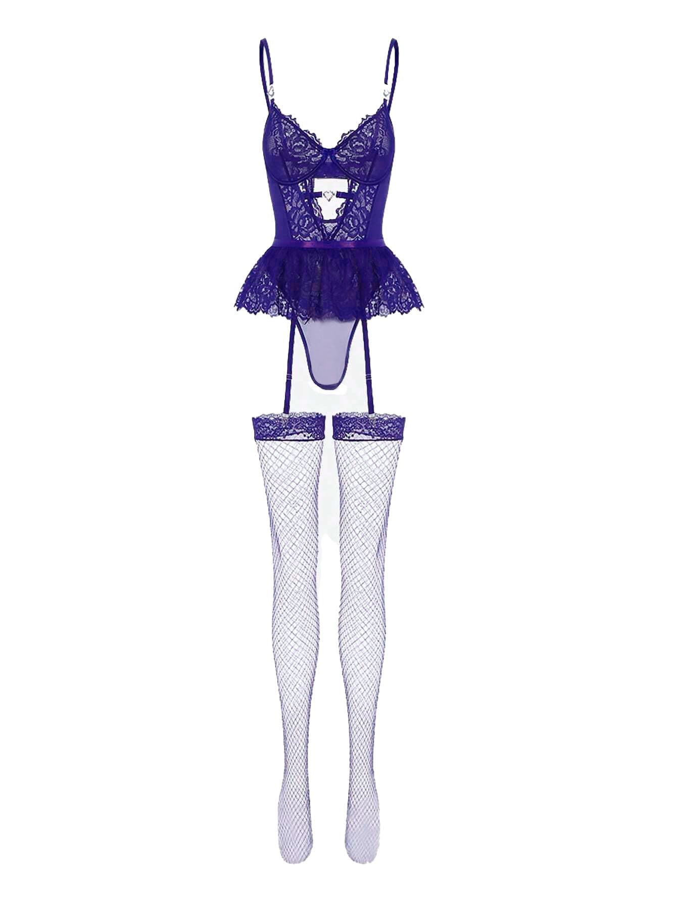 Alrovetoney Women Lingerie Set Naughty Lace Bodysuit High Waisted Underwire Lingerie Babydoll With Garter Belt and Stockings: Medium Purple