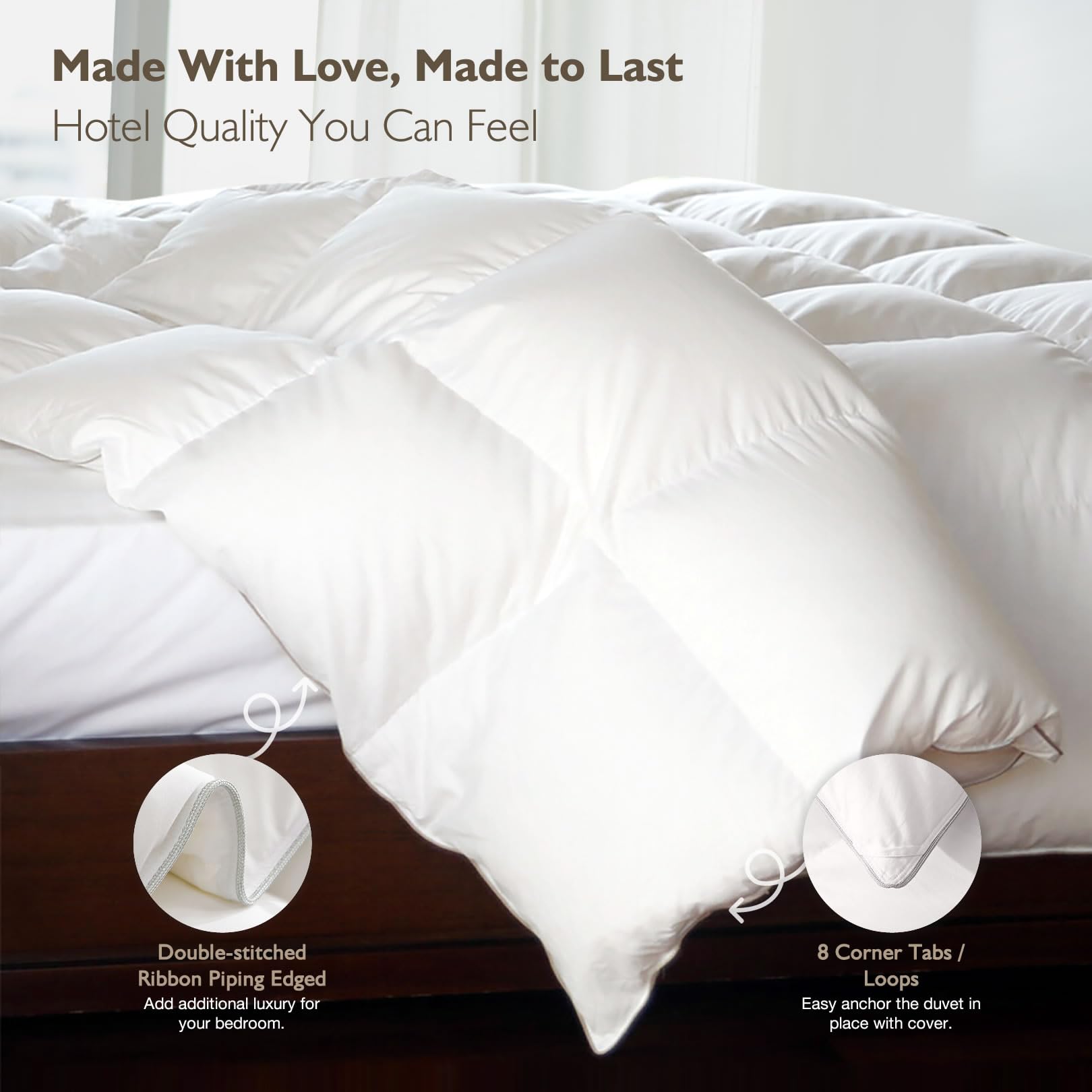Cobnom® Hotel Luxury Feather Down Comforter Queen Size, Medium Warm All Season Duvet Insert, Silky Soft Egyptian Cotton Blend Cover, Ethically Sourced Feather & Down Filled, 90x90 Inch, White