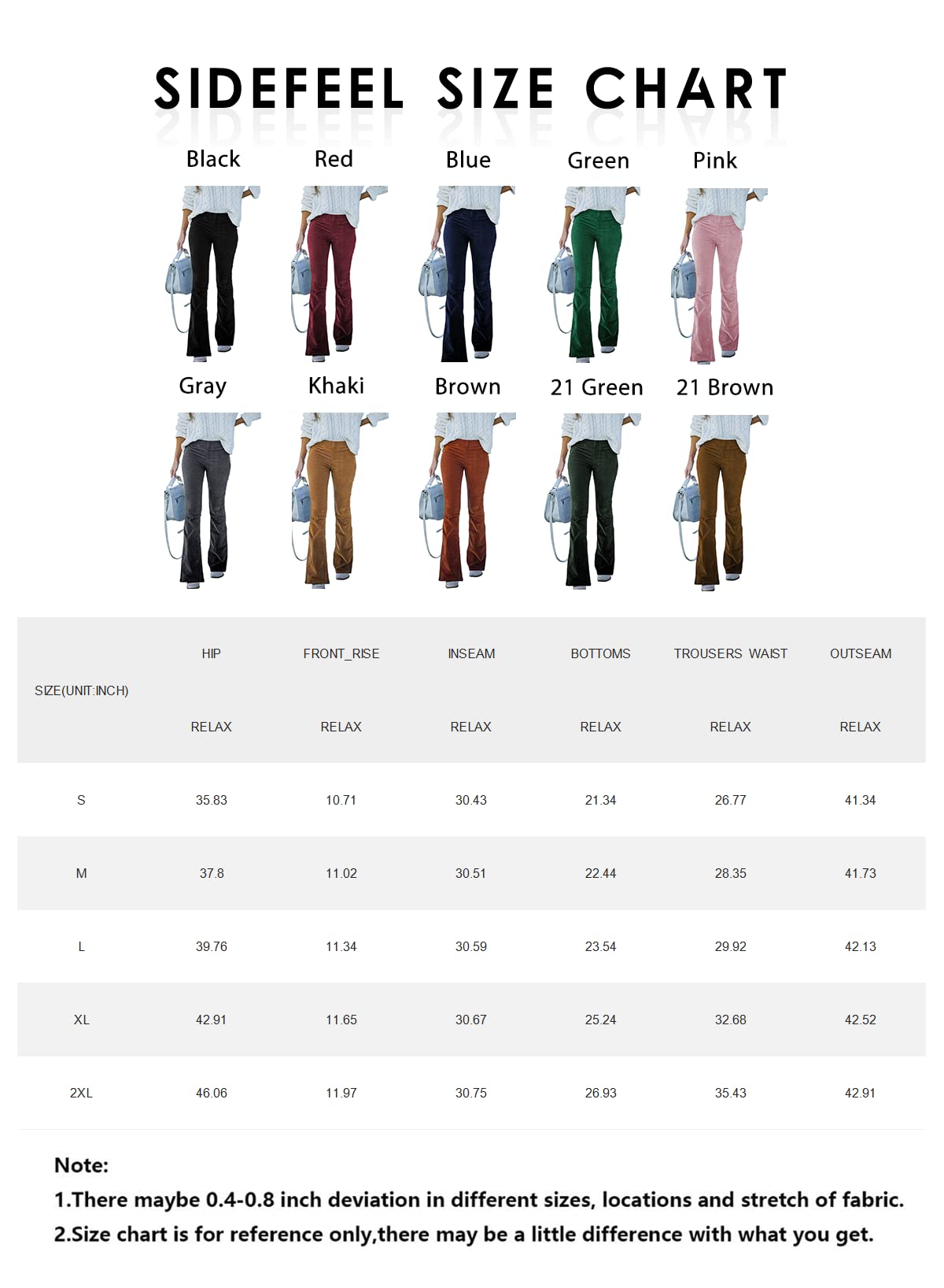 Sidefeel Women's Corduroy Flare Pants Elastic Waist Bell Bottom Trousers 2024 Women Fashions