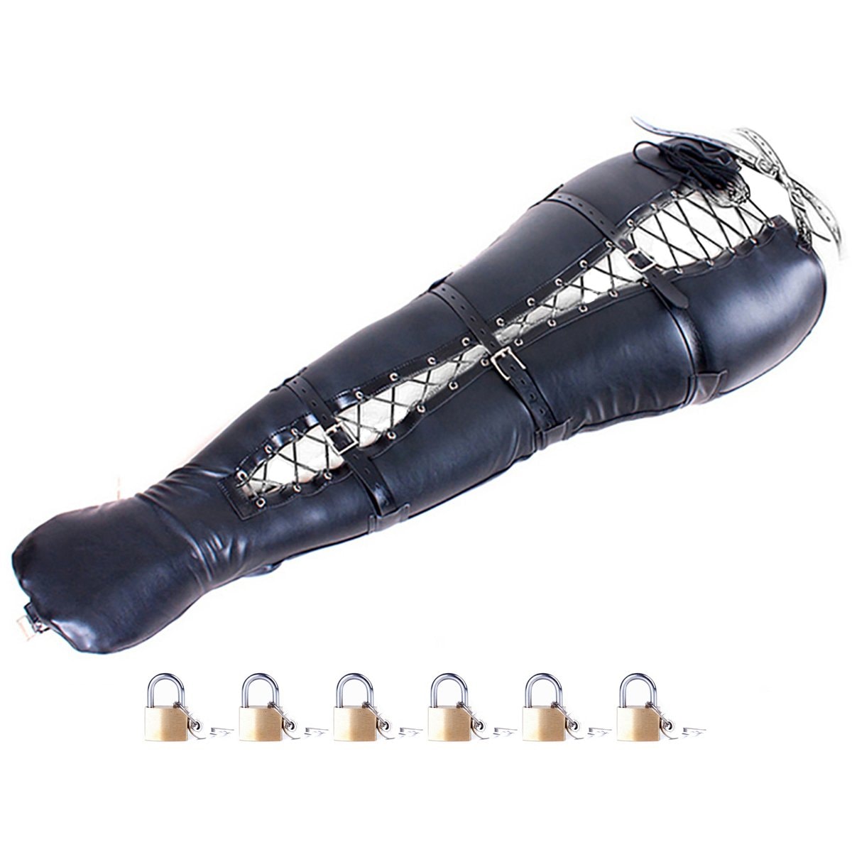 BDSM Body Bondage Bag Sexy Dress Up Mermaid Restraints Leggings Adult Sex Toys Bundle Leather Restraint Supplies Leg Binder (Padlock 6 Pieces)