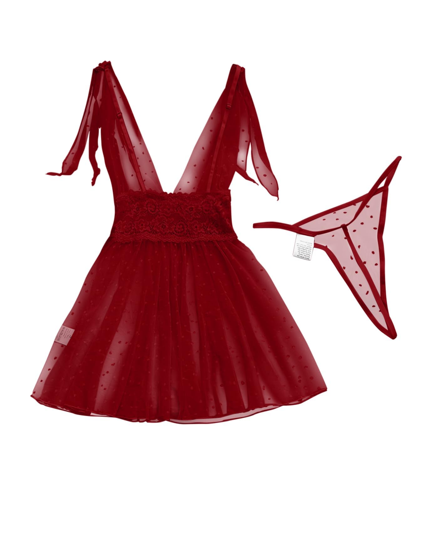 Lilosy Sexy Polka Dots Mesh Sheer Lace Babydoll Chemise Lingerie Set Floral Lace Sleep Wear: 3X-Large Burgundy Red