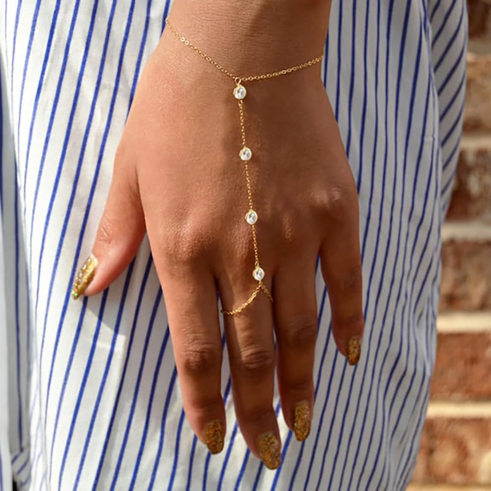 Listine Hand Chain Bracelet 14K Gold Plated Ring Bracelet Hand Chain Trendy Stuff for Women Dainty Hand Bracelets with Finger Ring Hand Jewelry for Women: I