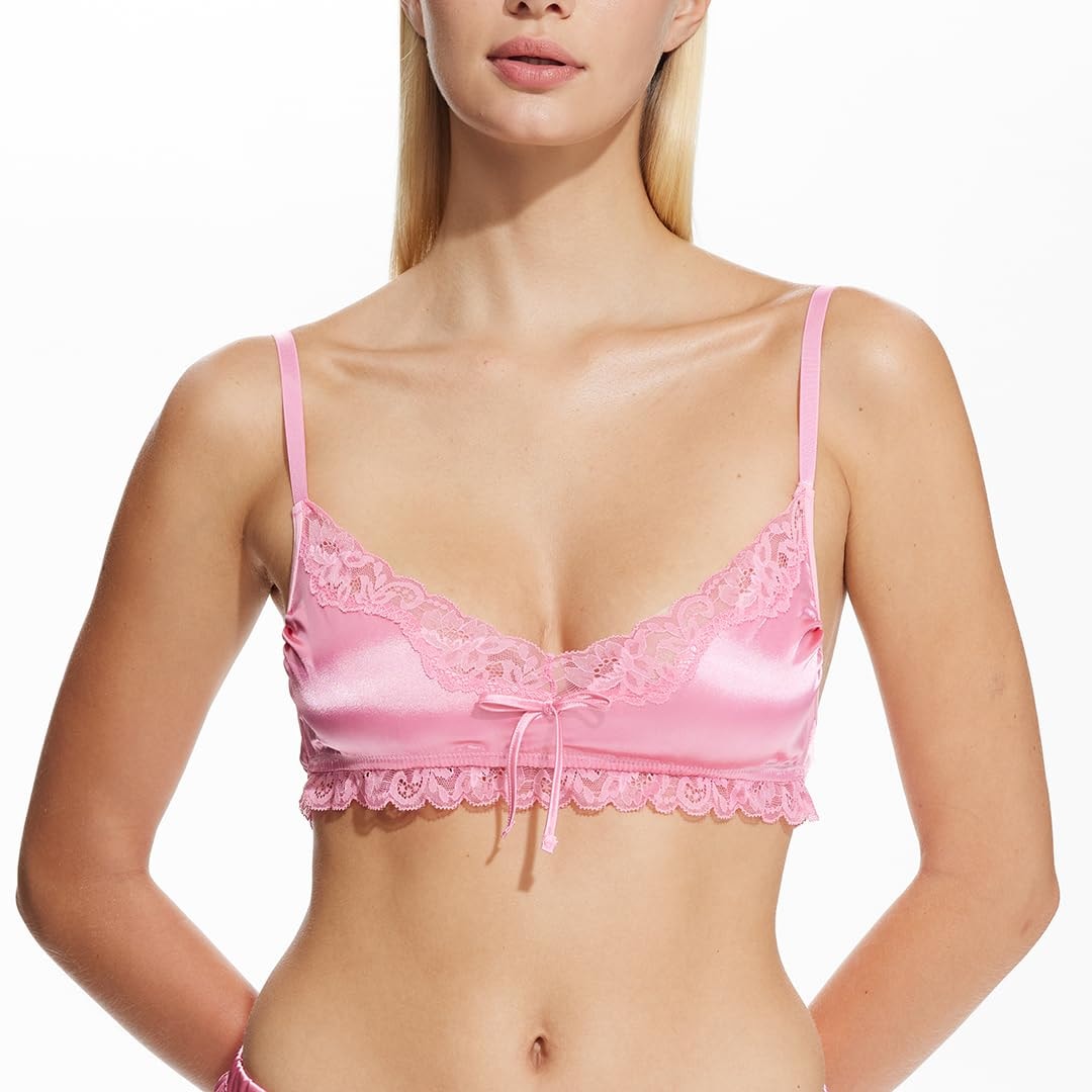 Cute and Spicy Lily Satin Bralette Women's Lingerie Wireless Bra Frilly Silky Bralette: Small