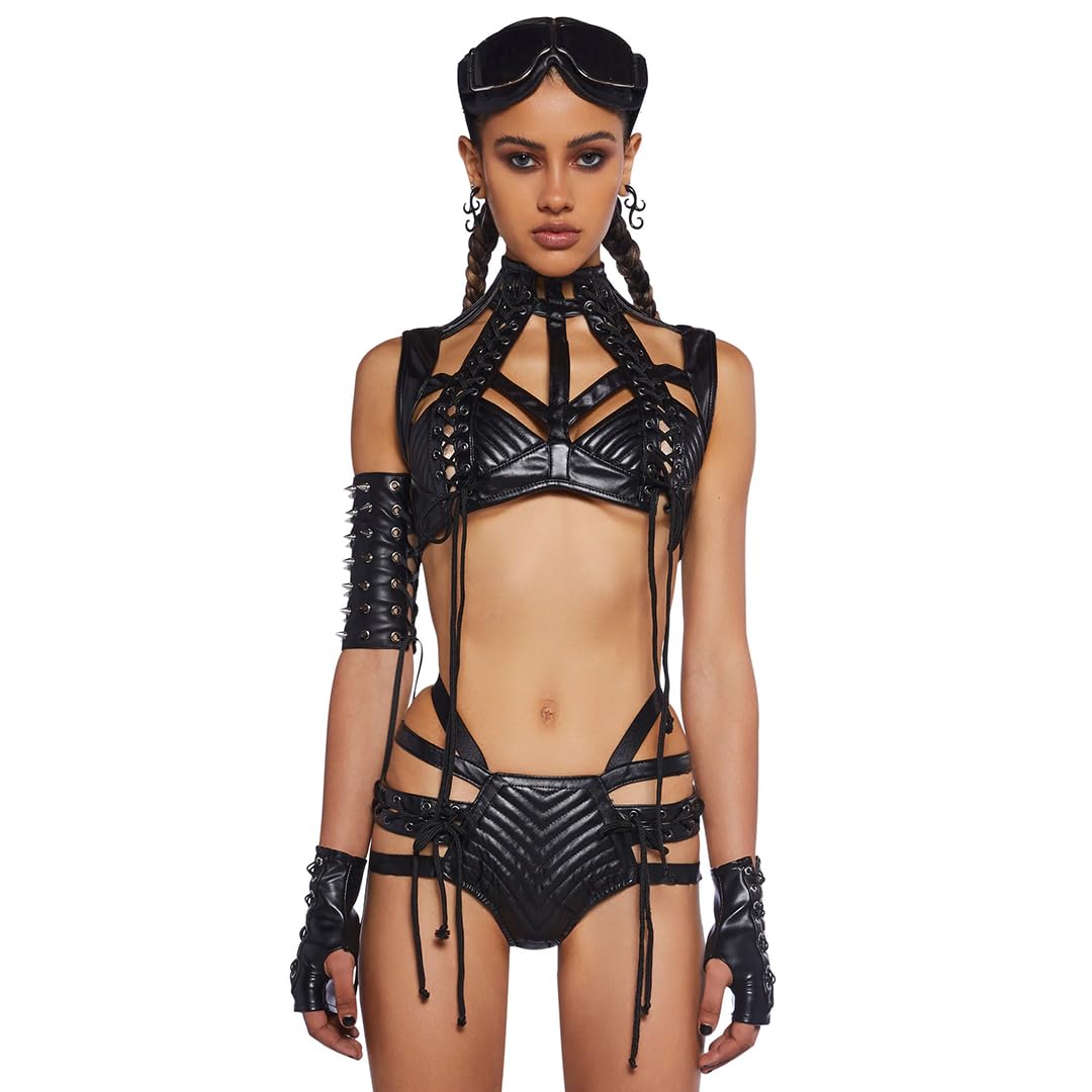 Dolls Kill Rude Awakening Harness Bra Top by Club Exx - Vegan Leather, Lace-Up, Cropped Fit for Festivals and Raves: Small Black
