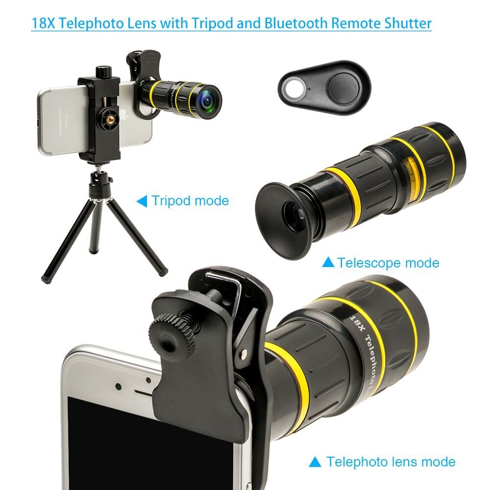 Godefa Cell Phone Camera Lens with Tripod+ Shutter Remote,6 in 1 18x Telephoto Zoom Lens/Wide Angle/Macro/Fisheye/Kaleidoscope/CPL, Clip-On lense Compatible for iPhone X 8 7 6s Plus, Samsung and More: Godefa Cell Phone Camera Lens with Tripod+ Shutter Remote,6 in 1 18x Telephoto Zoom Lens/Wide Angle/Macro/Fisheye/Kaleidoscope/CPL, Clip-On lense Compatible for iPhone X 8 7 6s Plus, Samsung and More