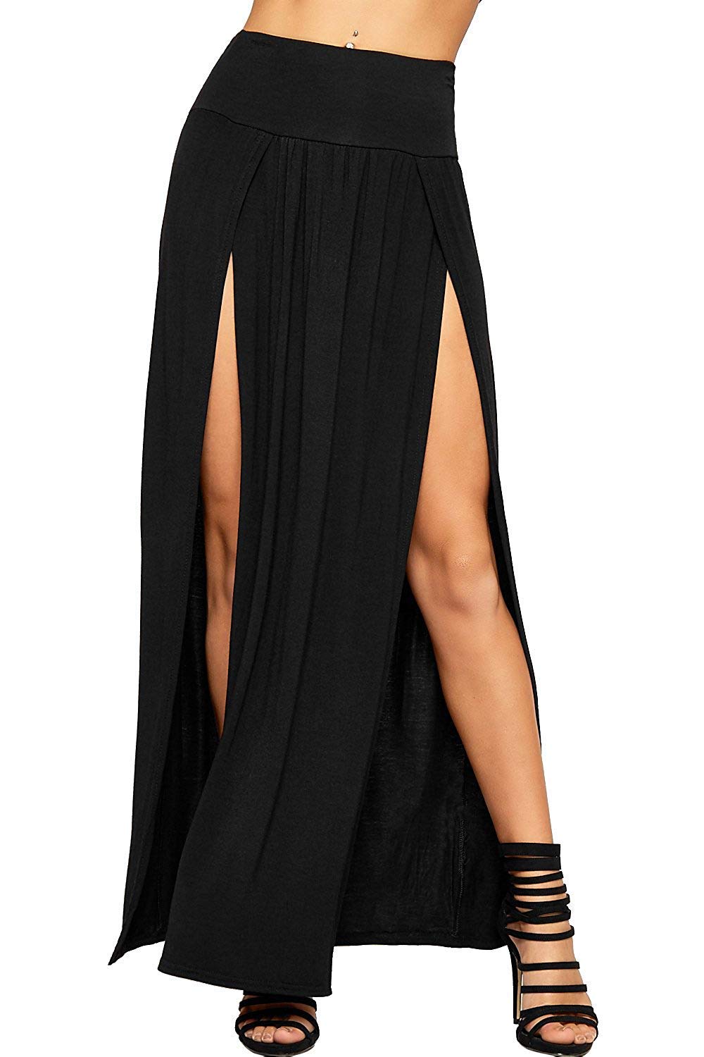OgLuxe Womens Double Split Maxi Long Skirt Ladies Plain Basic Two Side Slit 4-22