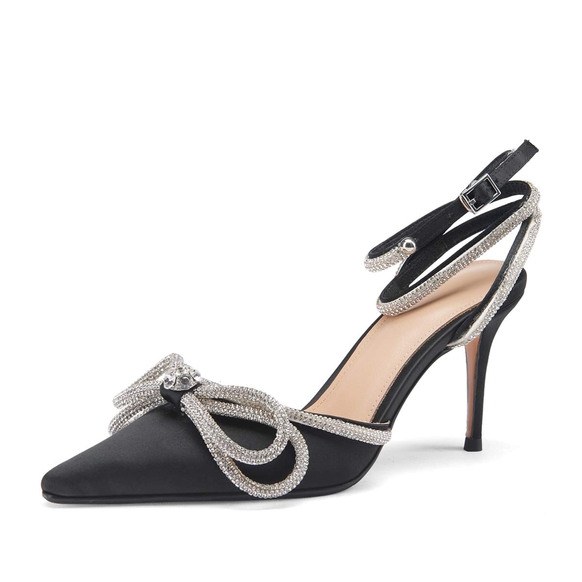 Arqa Rhinestone Bow Heels for Women Pointed Toe Crystal Ankle Strap Slingback Pumps Satin Stiletto High Heel Sandals Wedding Bridal Shoes thumbnail 1