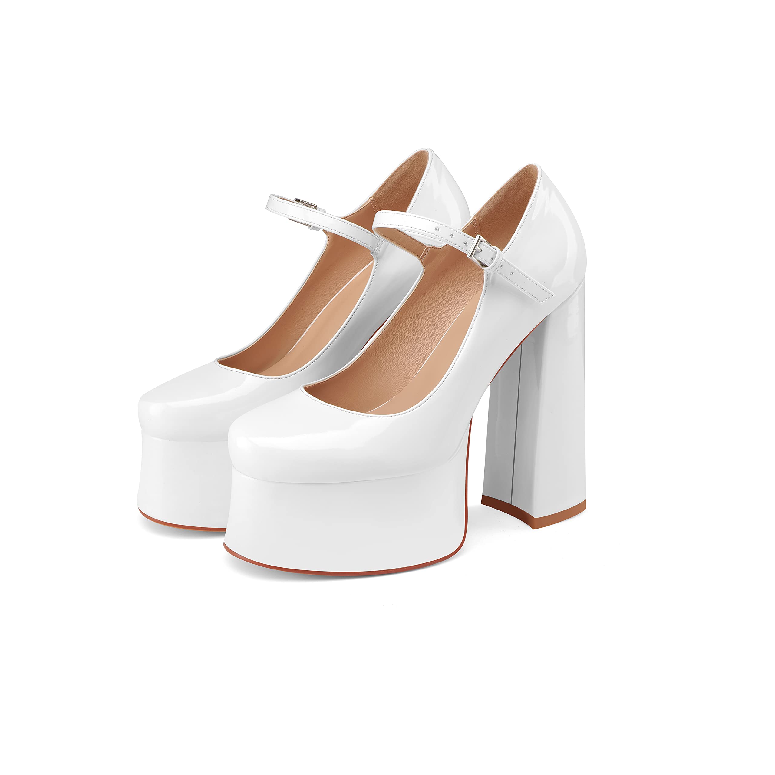 Perisis Women's Dressy Platform Chunky High Heels Patent Leather Ankle Strap Closed Toe Heeled Mary Jane Pumps Shoes