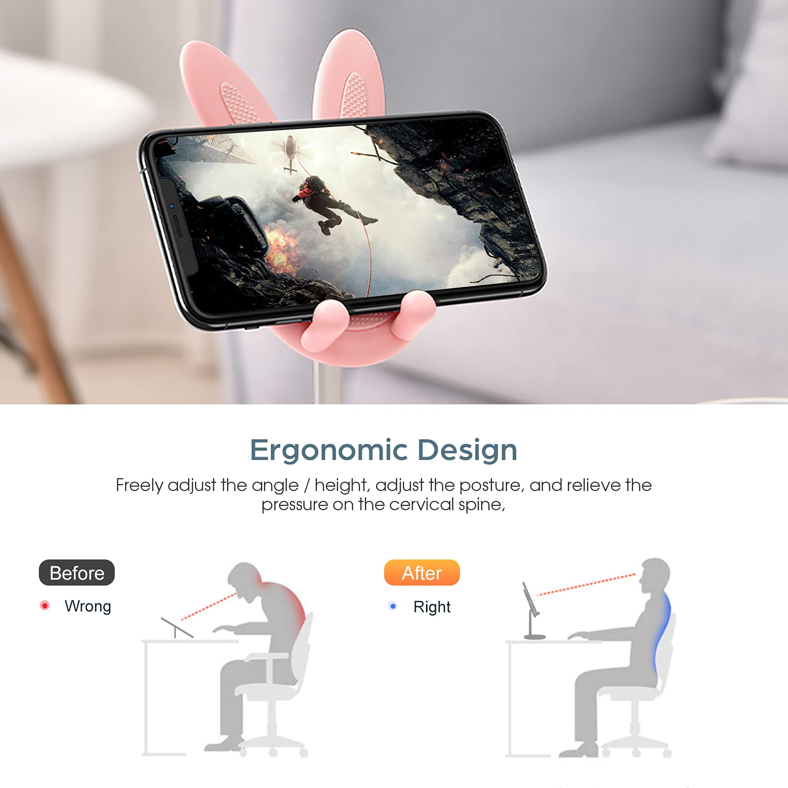 nediea Cell Phone Stand,Angle Height Adjustable Bunny Phone Stand for Desk,Cute Rabbit Phone Holder Stand for Desk, Compatible with All Mobile Phones, Tablets(4-10in) (): Pink