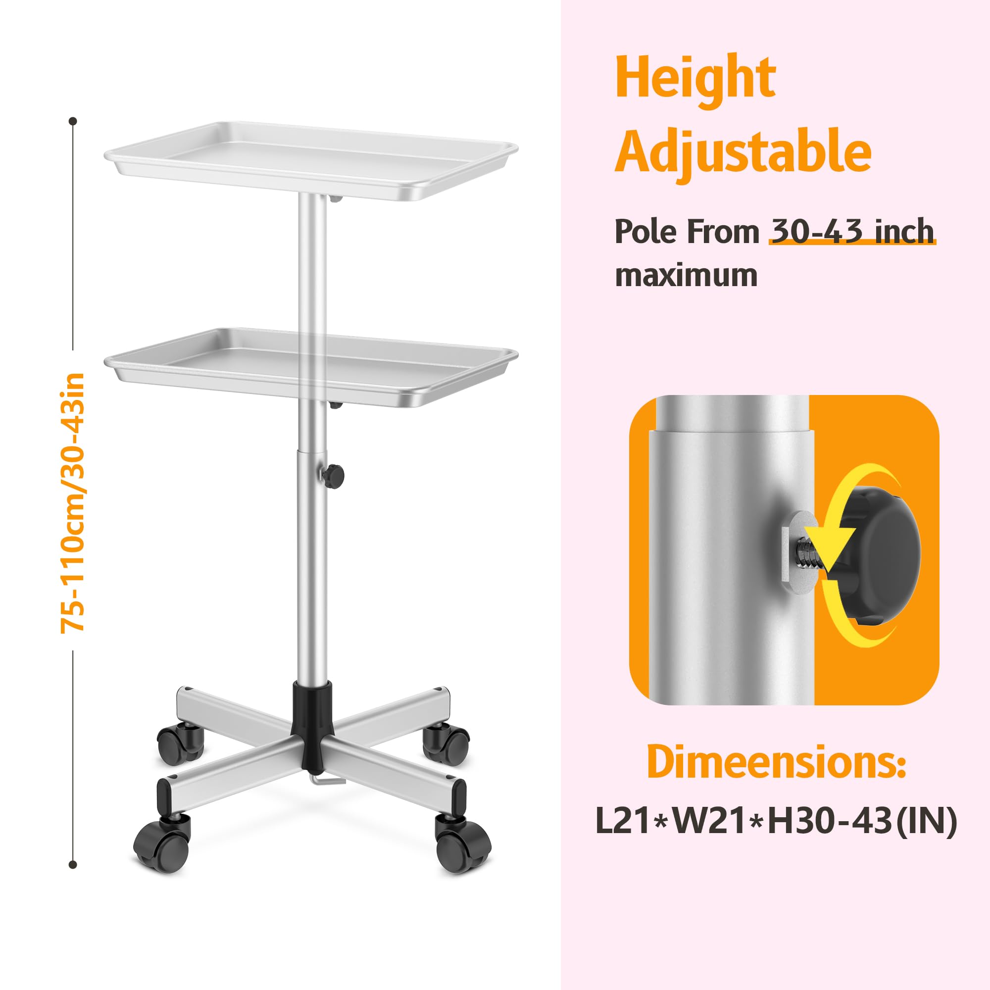 DEER BEAUTY Salon Tray on Wheels - Premium Aluminum Tattoo Tray Rolling Trolley - Adjustable Salon Service Rolling Tray Hairdresser Cart with Clinic Spa Rolling Tray Wheels ()