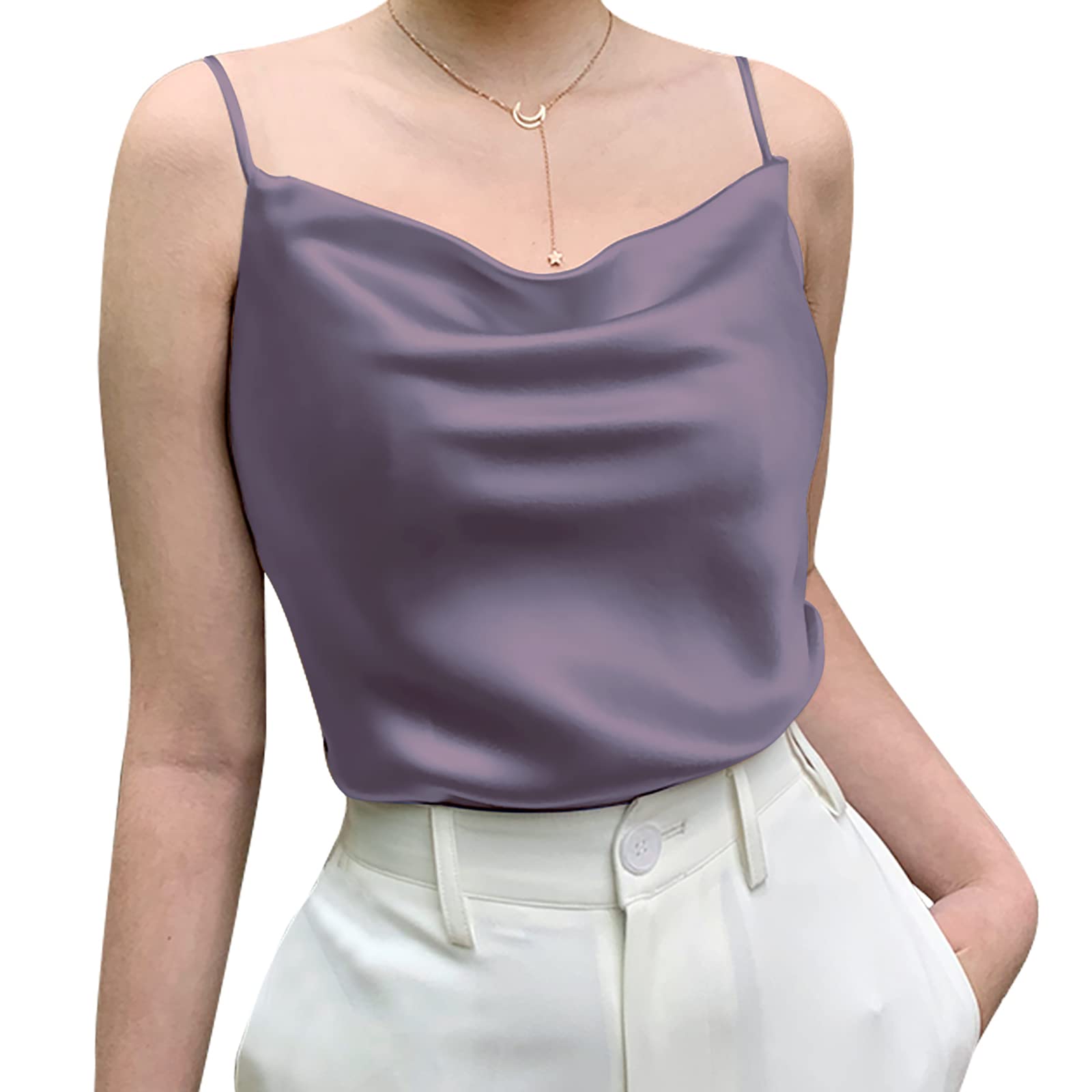 Miqieer Basic Women's Silk Tank Top Ladies V-Neck Camisole Silky Loose Sleeveless Blouse Satin Tank Shirt thumbnail 1