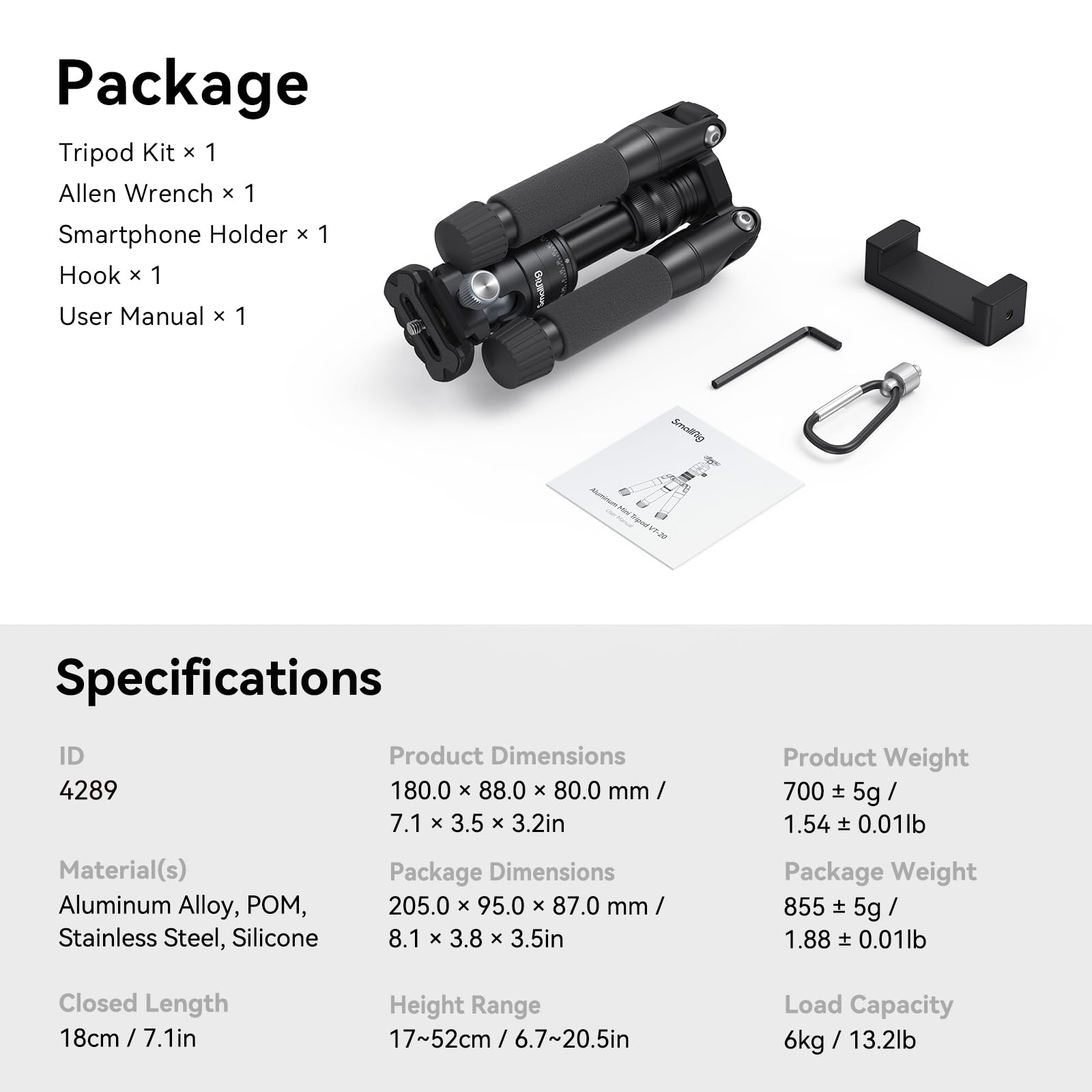 SmallRig VT-20 Aluminum Mini Tripod, 20" Desktop Tripod with 360° Ball Head, Compact Desktop Tripods for DSLR Camera Video Camcorder, Load up to 13lb/6kg-4289: SmallRig VT-20 Aluminum Mini Tripod, 20" Desktop Tripod with 360° Ball Head, Compact Desktop Tripods for DSLR Camera Video Camcorder, Load up to 13lb/6kg-4289