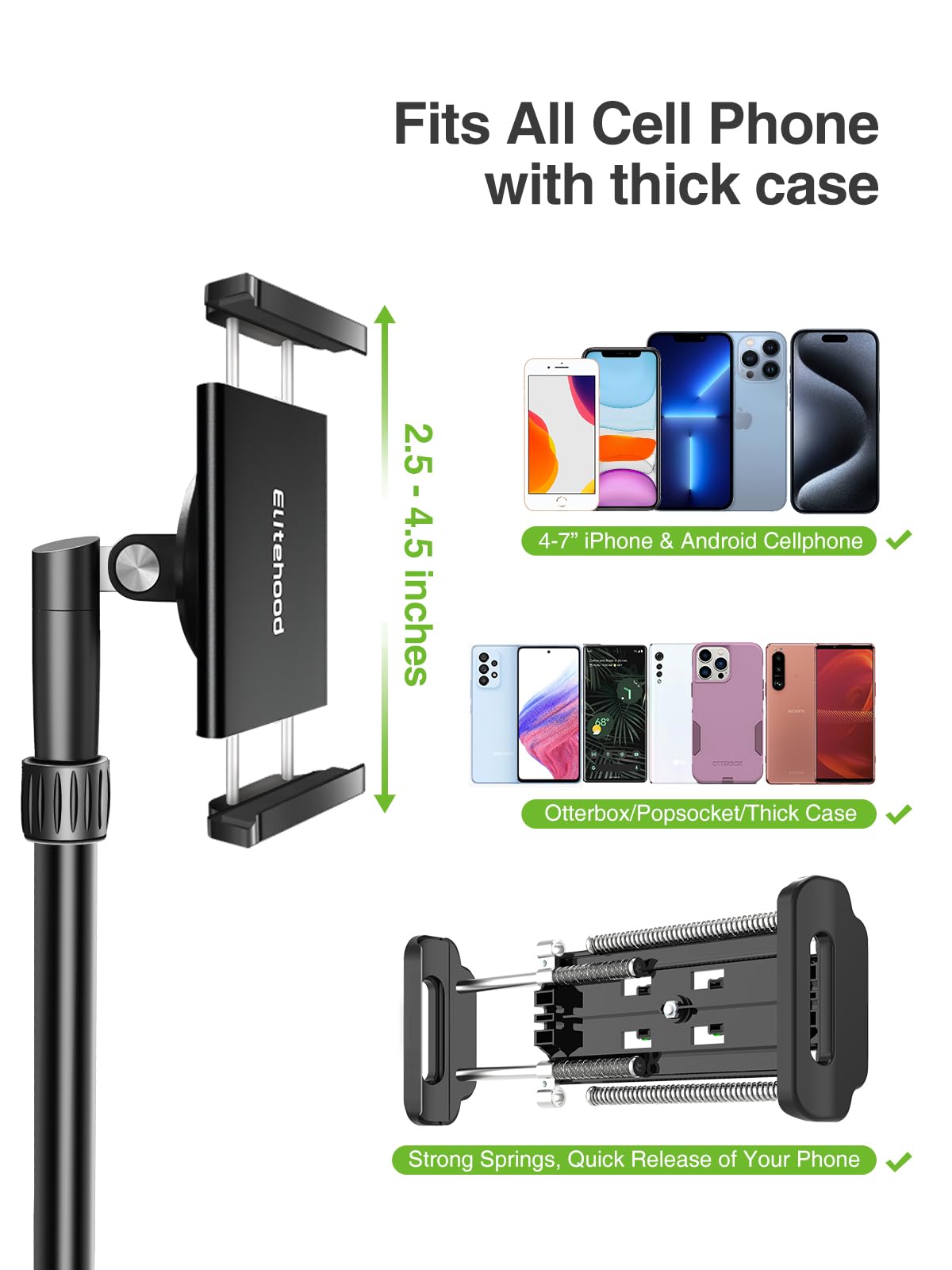 elitehood Phone Tripod for Overhead Video Recording – Updated Horizontal 59-inch Adjustable Tripod for iPhone with 25in Long Extendable Arm, 360° Rotation iPhone Stand Holder for Overhead Recording