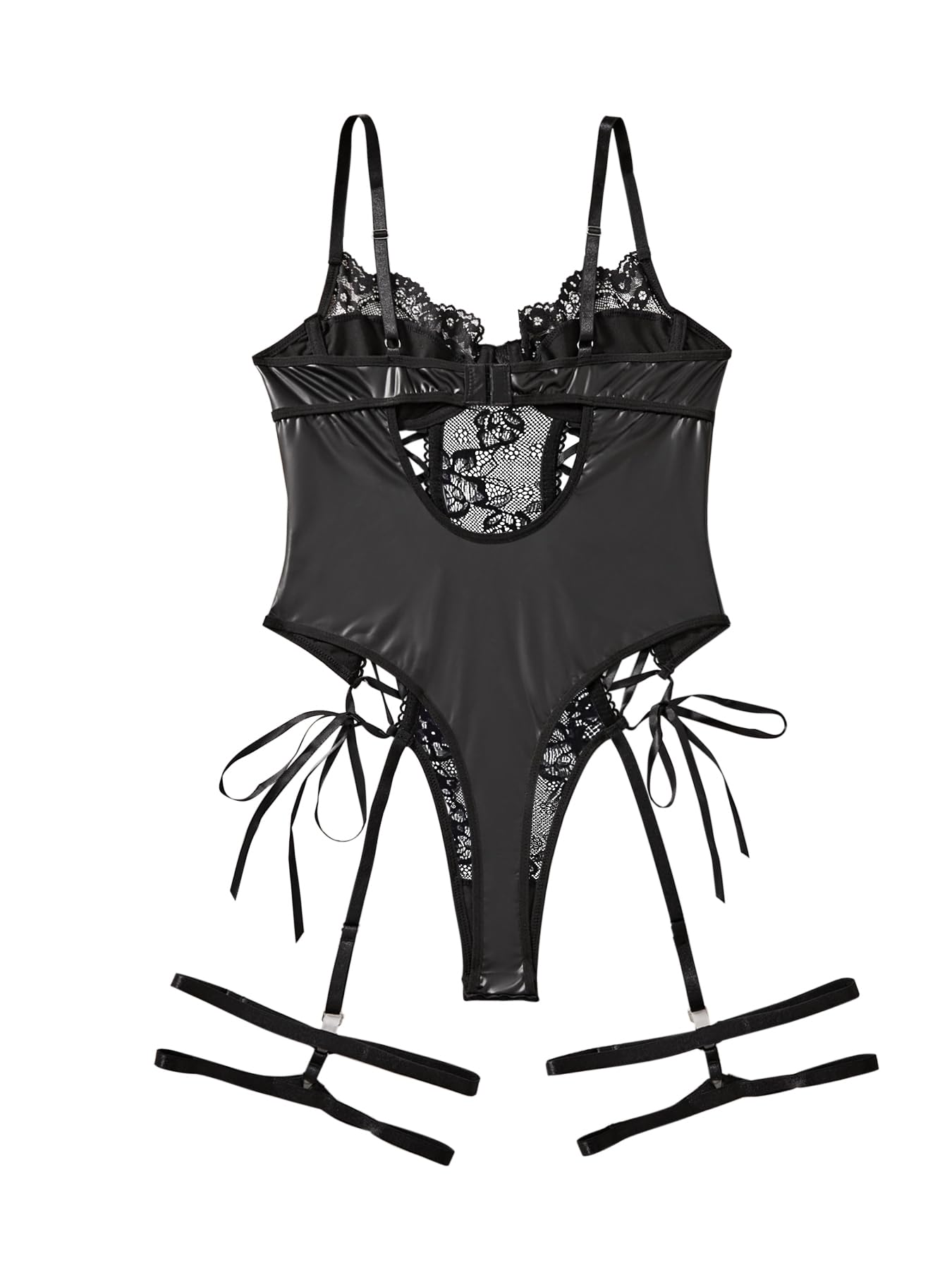 Lilosy Sexy Lace Up Floral Garter Underwire Teddy Bodysuit Lingerie Belt Women Top One Piece: Medium Pu Lace Black