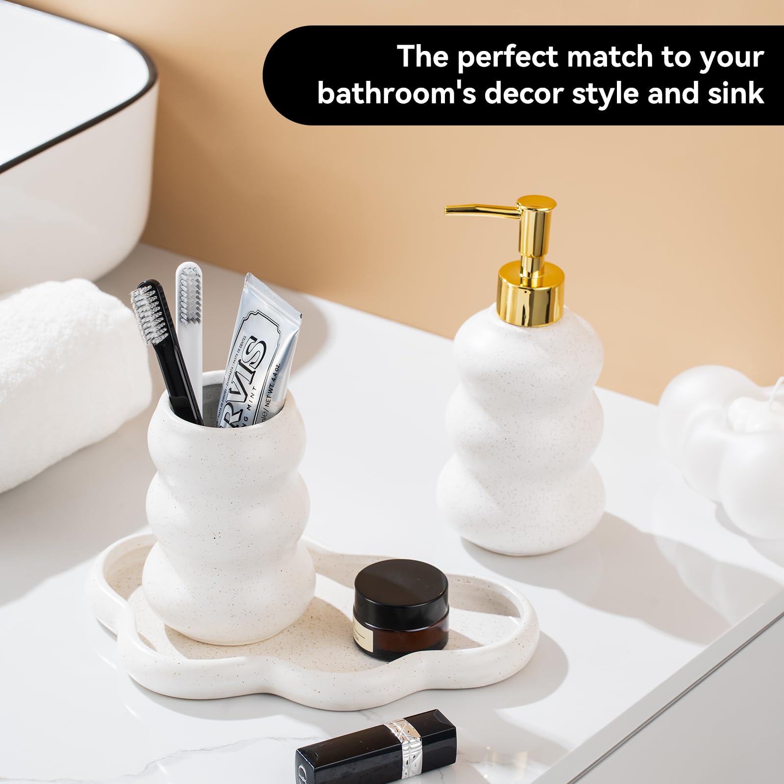Silver Bathroom Accessory Set, 3-Piece Ceramic Bath Accessories Set with Tray, Lotion Dispenser, and Tumbler: Beige
