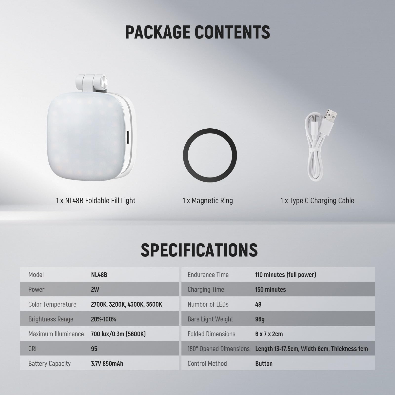 NEEWER BASICS Magnetic Selfie Light Compatible with MagSafe iPhone, CRI95 700lx/0.3m Folding LED Phone Fill Ring Lighting with Mirror for Zoom Makeup Photography Recording Video Conference, NL48B: White