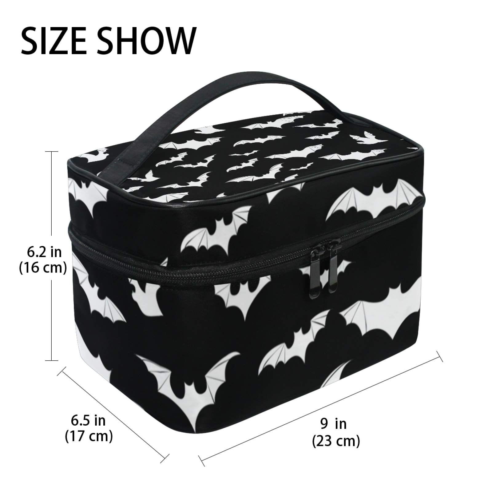 9CH Goth Makeup Organizer Bag, Halloween Makeup Bags Large Cosmetic Bag with Adjustable Dividers Portable Bat Cosmetic Case for Make up Brushes Toiletry Jewelry（Black Bats） thumbnail 2