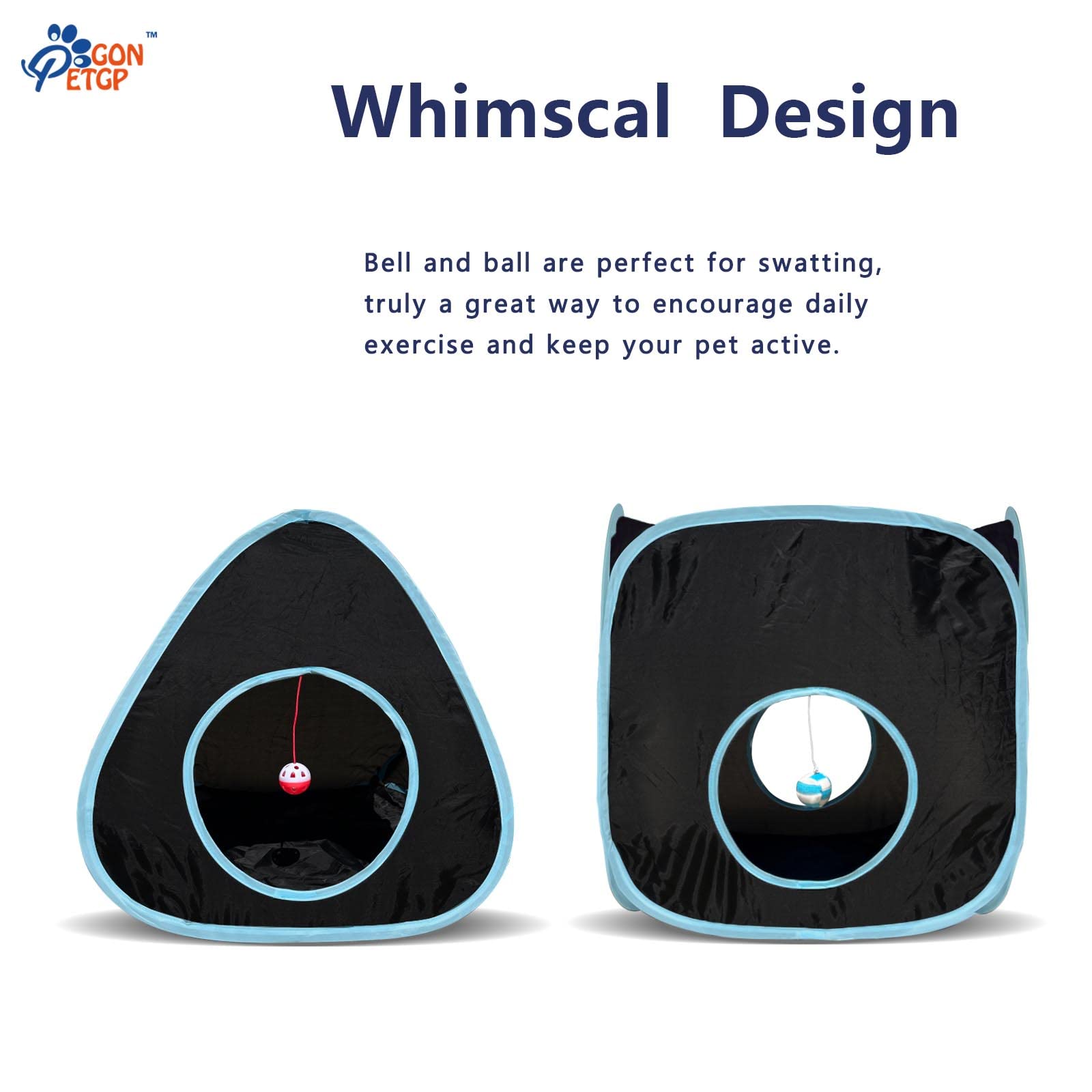 GONPETGP Cat Tunnels for Indoor Cats with Cube Tent Toys Combo, Pop Up Collapsible Crinkle Interactive Peek Hole, Cat Tube with Play Ball and Bell for Kitten, Puppy, Kitty, Rabbit - Set of 3: A-Black
