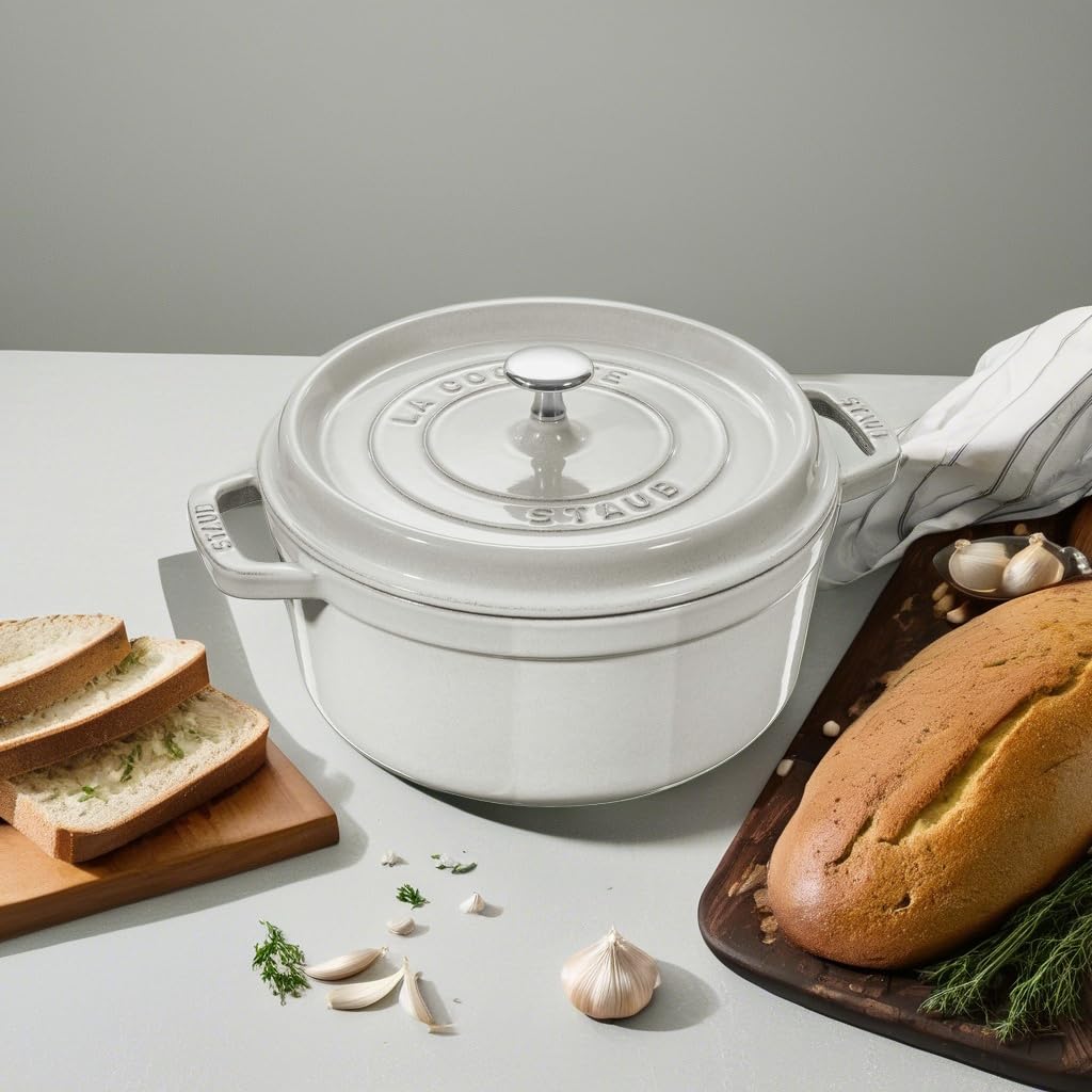 Staub Cast Iron 2.75-qt Round Cocotte - White Truffle, Made in France thumbnail 5