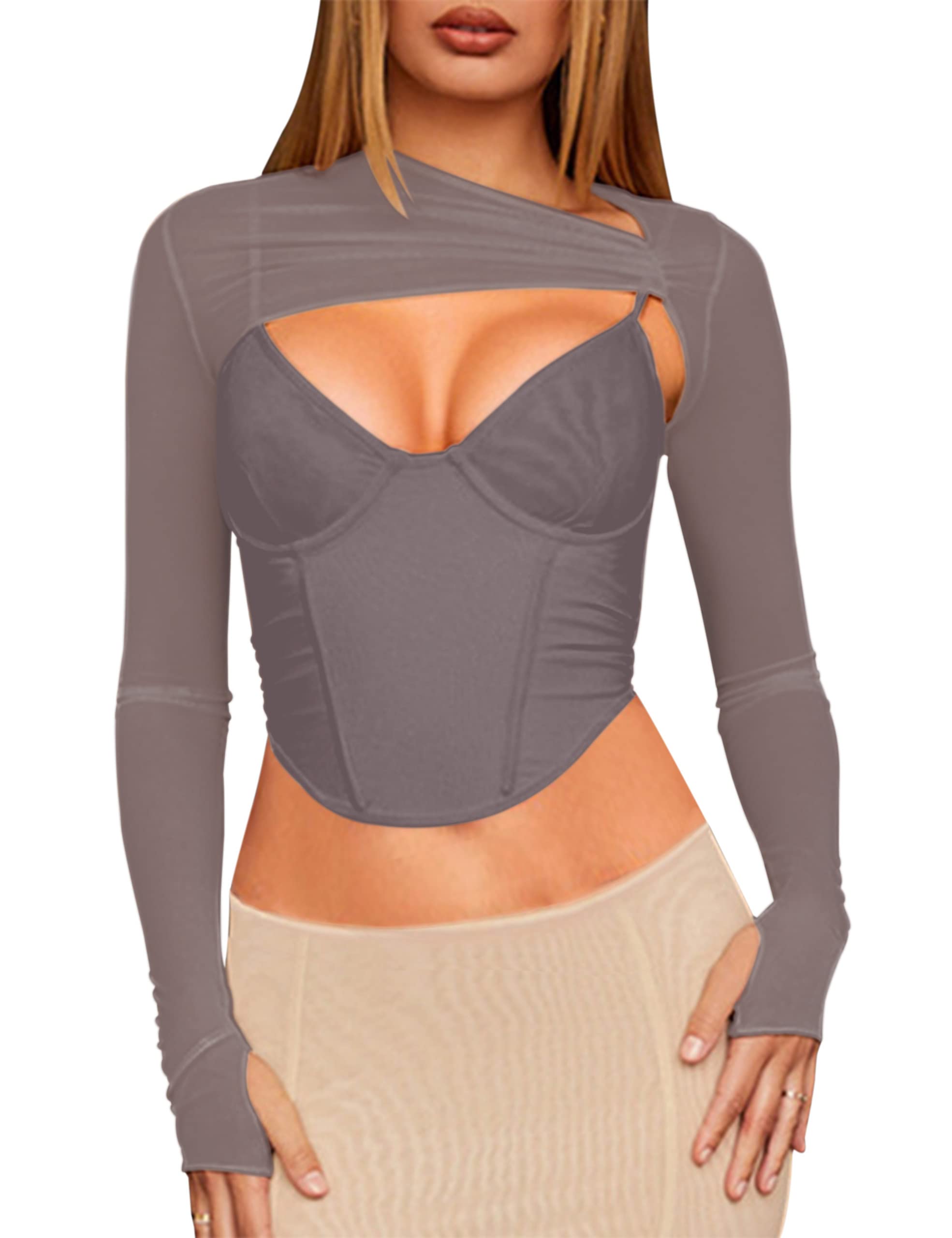 Meladyan Women Sexy Long Sleeve Mesh Crop Top Solid Cover Up Spaghetti Strap Slim Fit Corset Cami 2 pieces Clubwear thumbnail 1