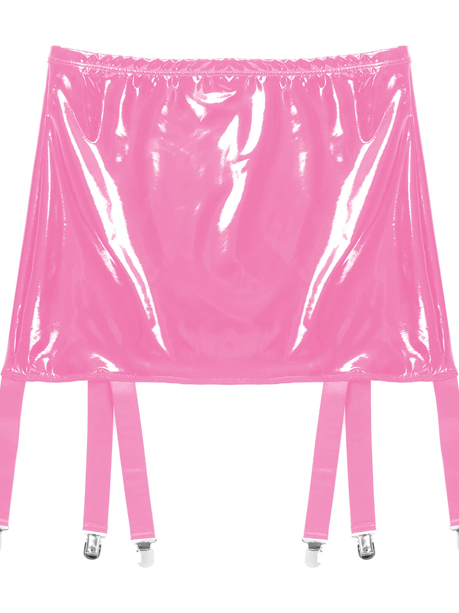 Vxuxlje Women's Patent Leather Skirts High Waist Suspenders Skirts with Six Metal Buckle Clips: Pink Medium