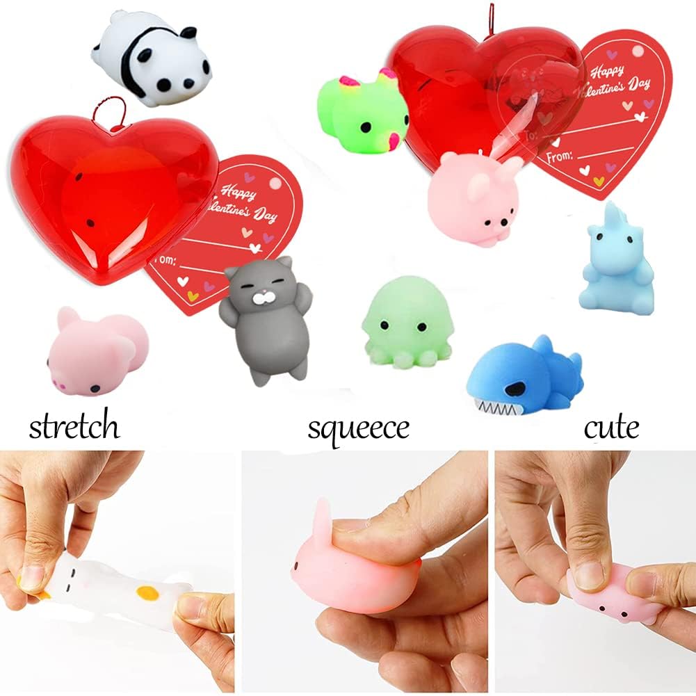 Valentines Party Favors Set, 28 Pcs Mochi Squishies Toys Filled Hearts and Valentines Day Cards for Kids Valentine's Day Exchange Gift, Kawaii Stress Relief Anxiety Toys for Valentine Basket Stuffers