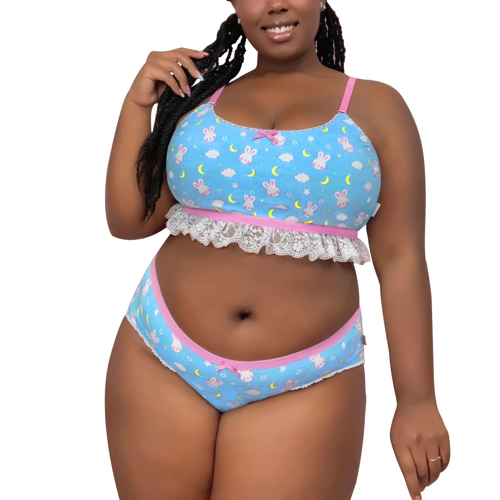 Littleforbig Lacy Trim Women Nightwear Strap Sleepwear Cami Top Shorts Lingerie bralette loungewear Set - Snuggle Bunny: Large Blue