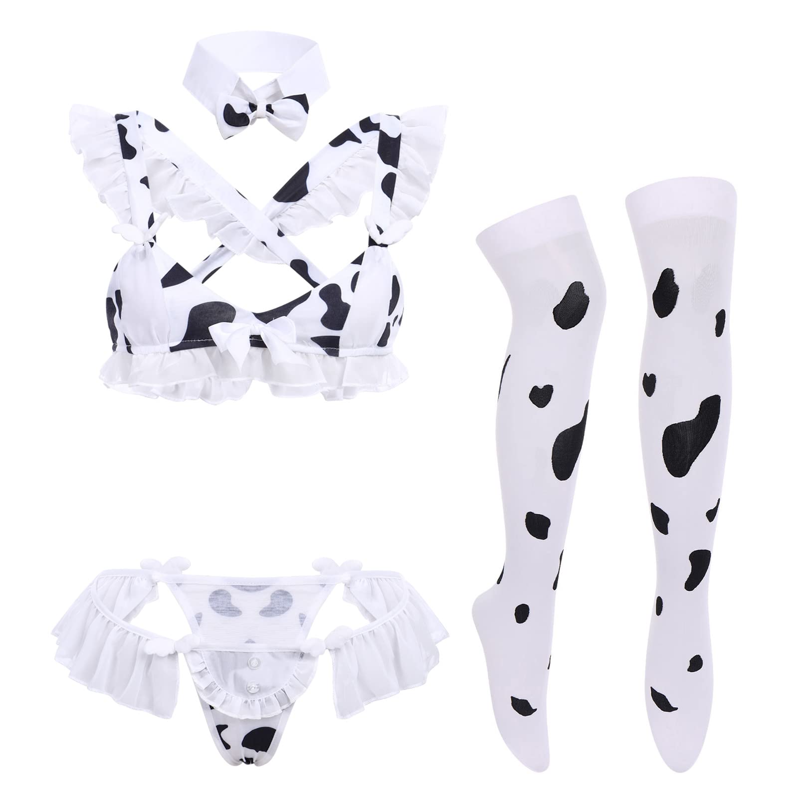 FYMNSI Women Sexy Milk Cow Lingerie Set Anime Maid Cosplay Costume Mini Bikini Bra Bodysuit with Bell Choker Stockings Outfit: One Size Z - Cow Maid Set