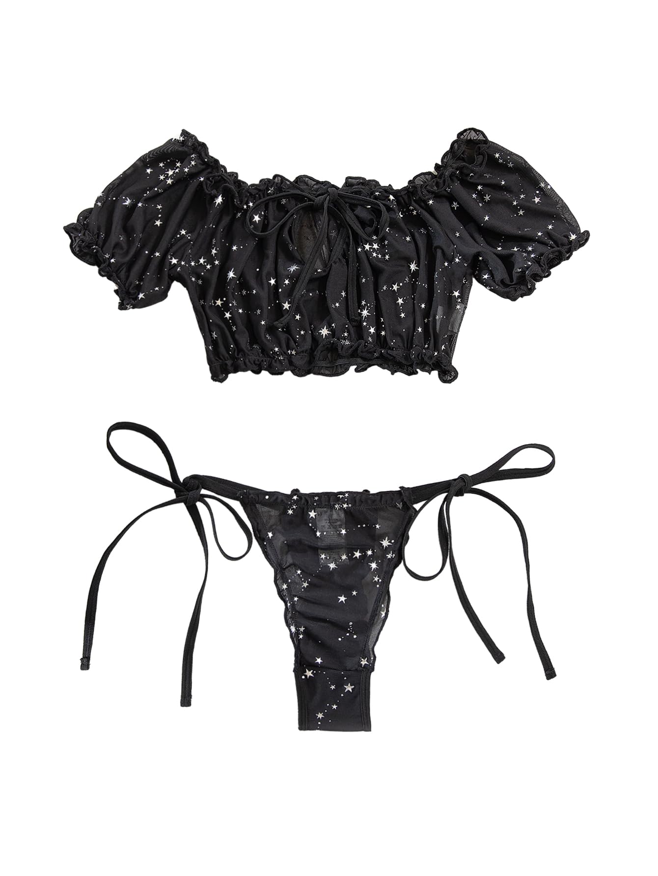 Lilosy Sexy Stretch Ruffle Tie Sheer Mesh Lingerie Set Outfits: X-Large Chiffon Star Black