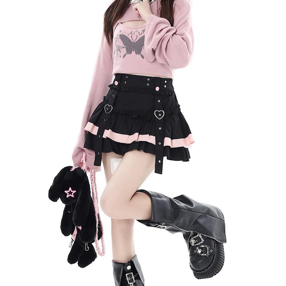 kakarin choyx Women's Casual Fashion High Waist A-line Mini Skirt Y2K Cute Suspenders Decoration Splicing Pleated Skirt
