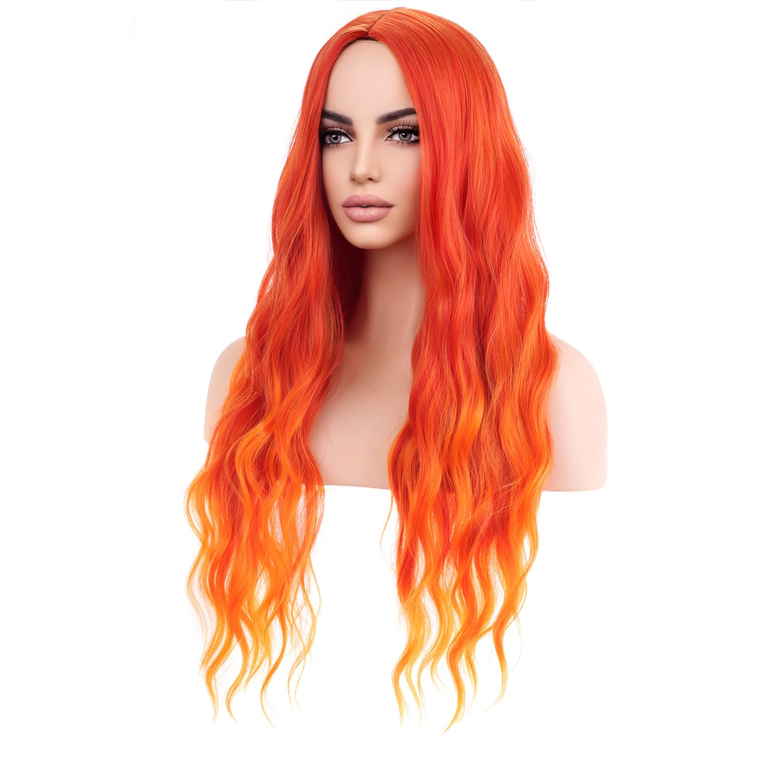 MAGQOO  Flame Fire Wig - Long Curly Wavy Ombre Wigs for Women & Girls - Middle Part, Heat Resistant, High Density Synthetic Wigs: Orange Ombre