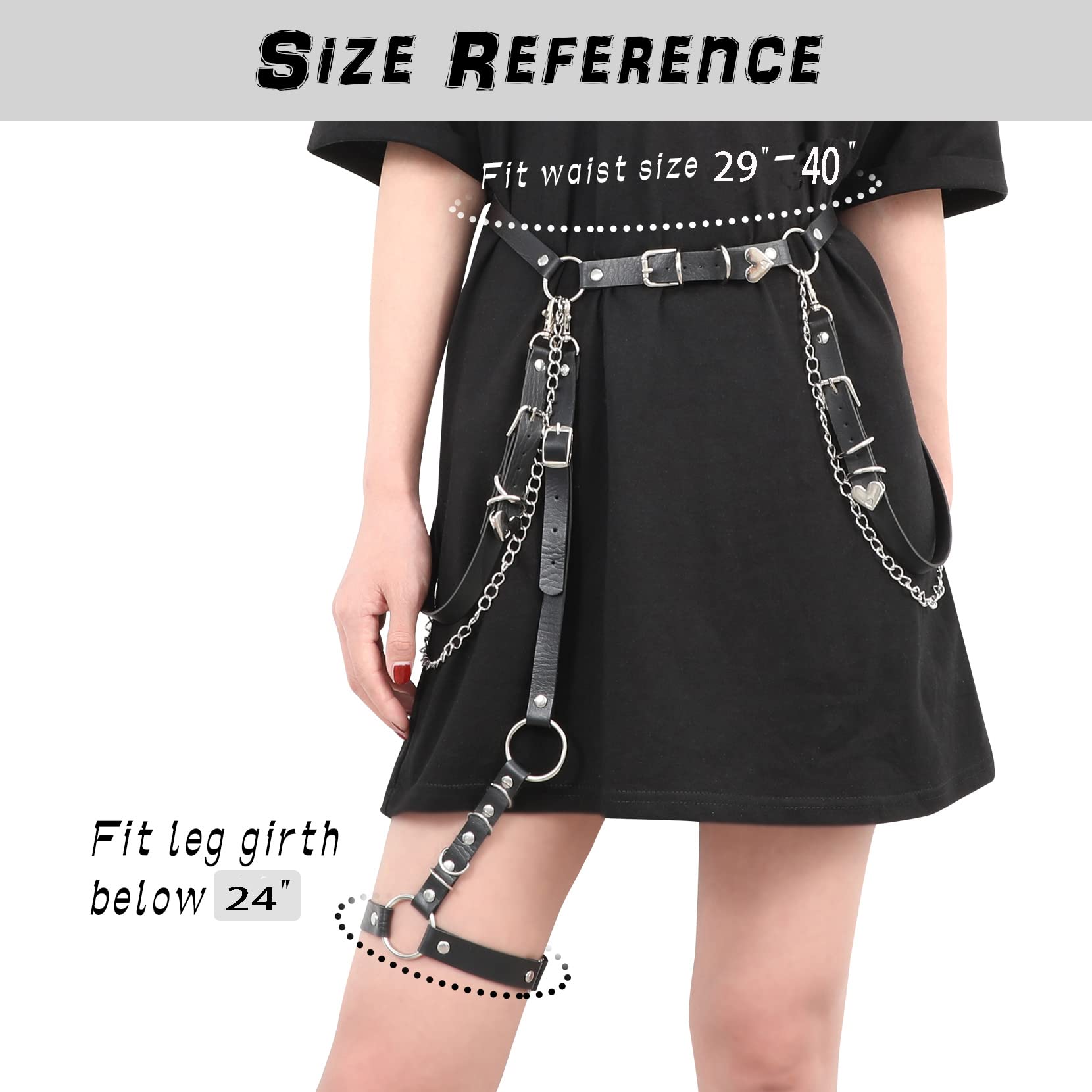 WERFORU Women Punk PU Leather Belt with Chain Ladies Gothic Rock Waist Belt with Leg Garters: A-black-with Leg Garter 01-Fit waist 29"-40"&leg girth below 24"