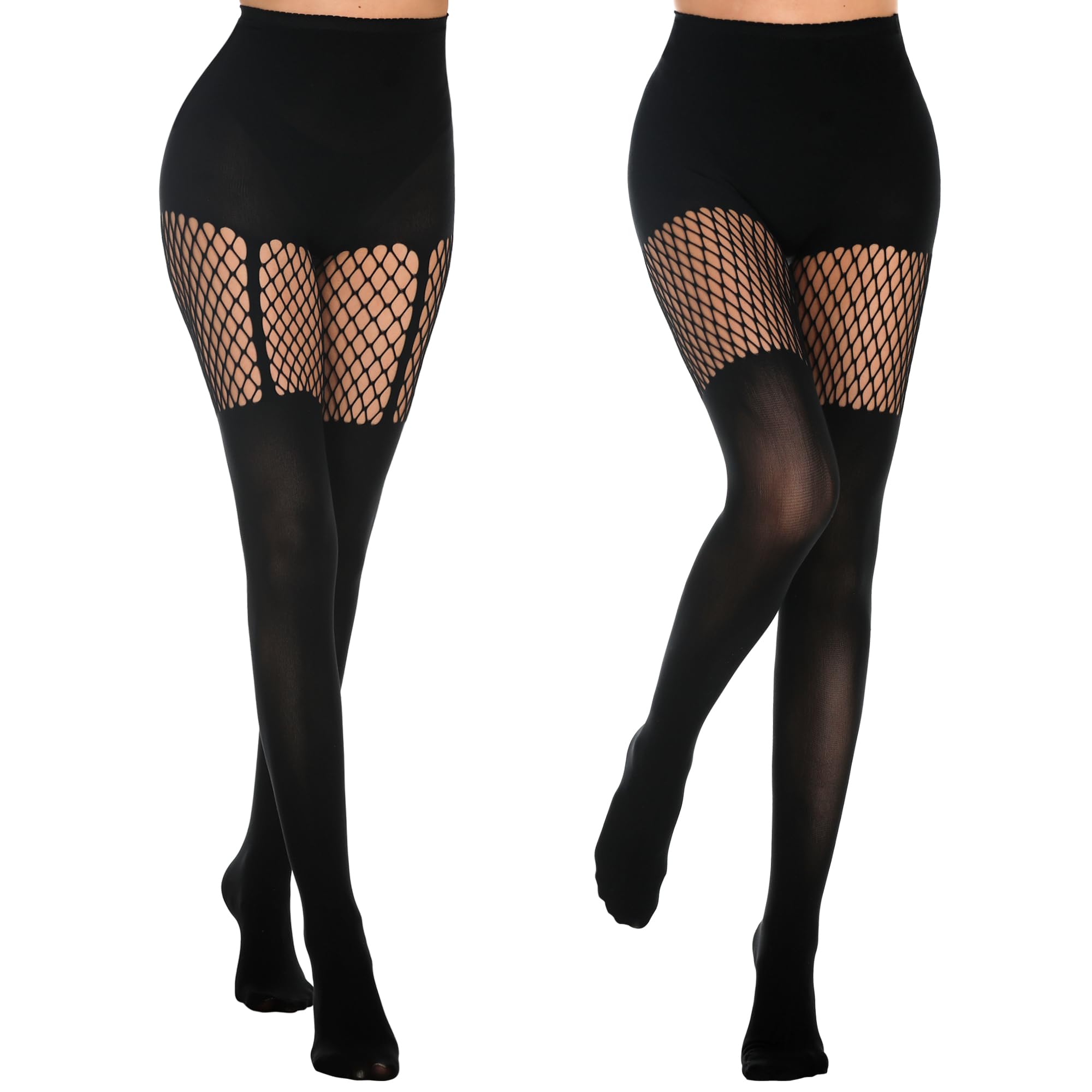 MANZI Womens Faux Thigh High Fishnet Stockings Stitching Opaque Pantyhose Mock Over the Knee Goth Striped Suspender Tights: One Size 1 Grid + 1 Suspender