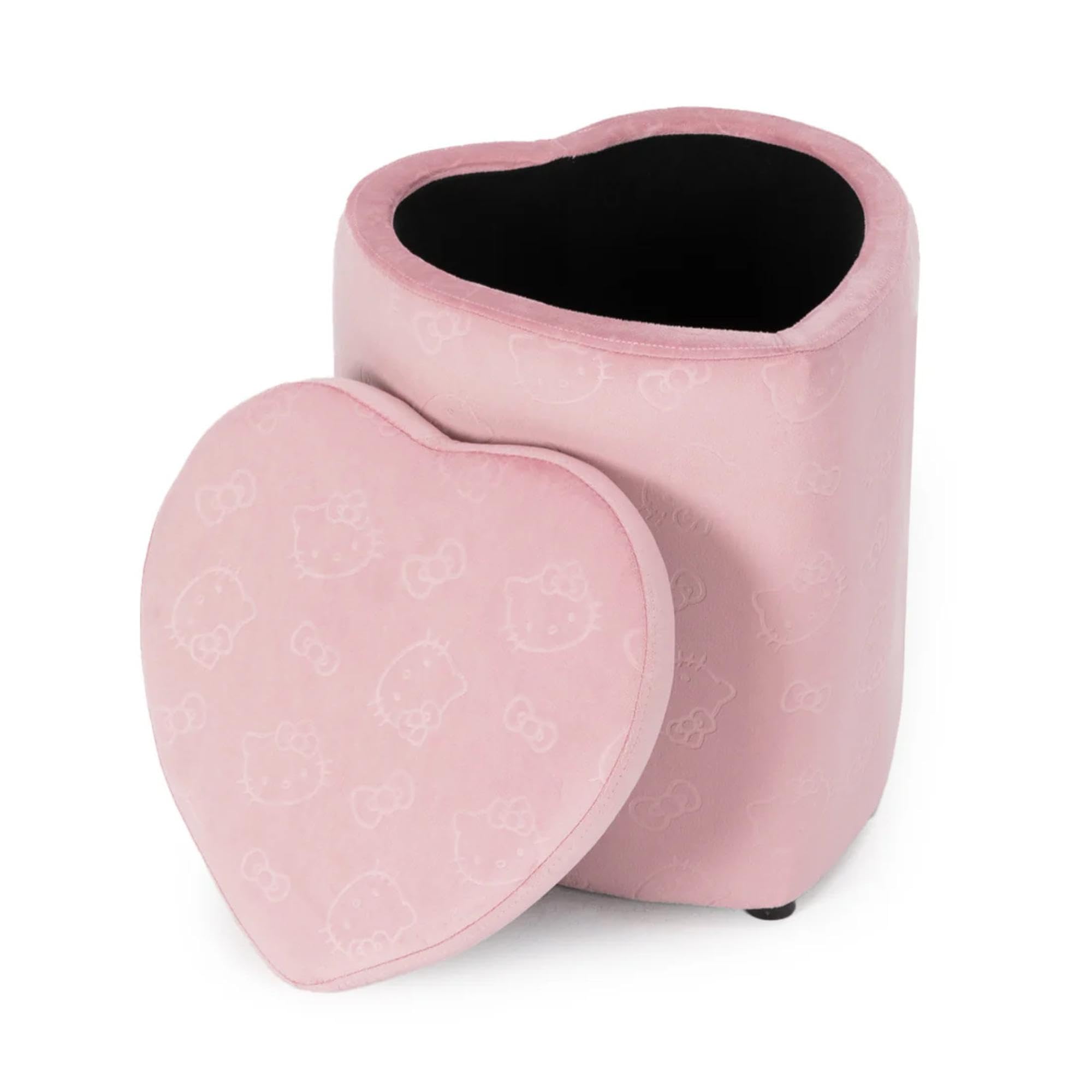 Impressions Vanity Hello Kitty Heart Storage Ottoman Chair, Soft and Velvety Fabric Padded Makeup Stool with Comfy Polyurethane Foam, Contemporary Ottoman for Bedroom and Living Room Decor (Pink)